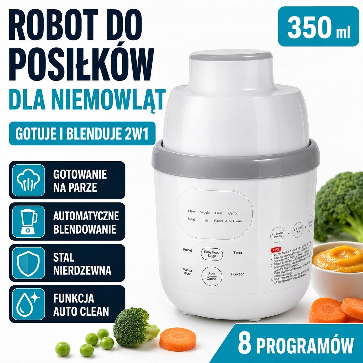 BABY MEAL ROBOT 2in1 STEAMER BLENDER 350ML BPA FREE STEAMED