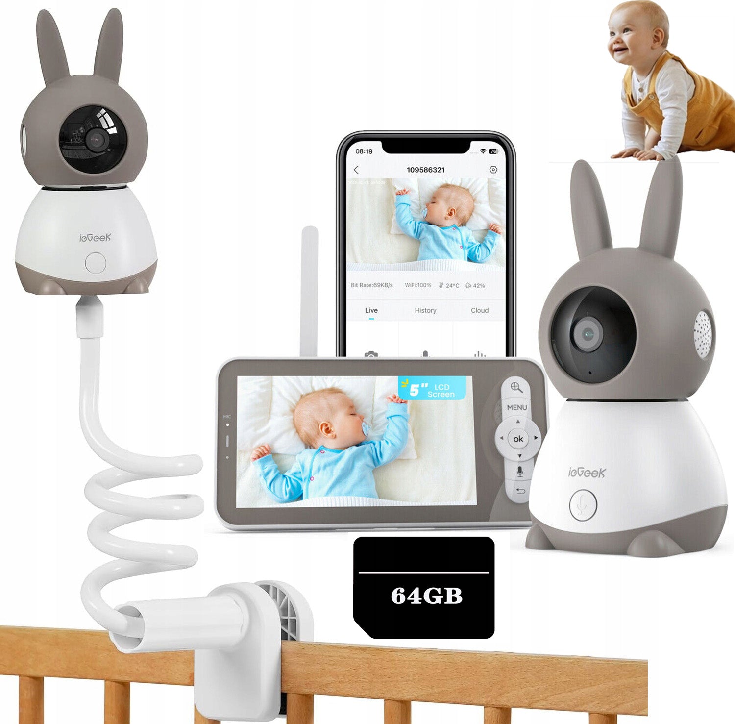 BABY MONITOR ELECTRONIC CAMERA MONITOR 2K WIFI 5'' LCD & 64GB ROTARY MOUNT