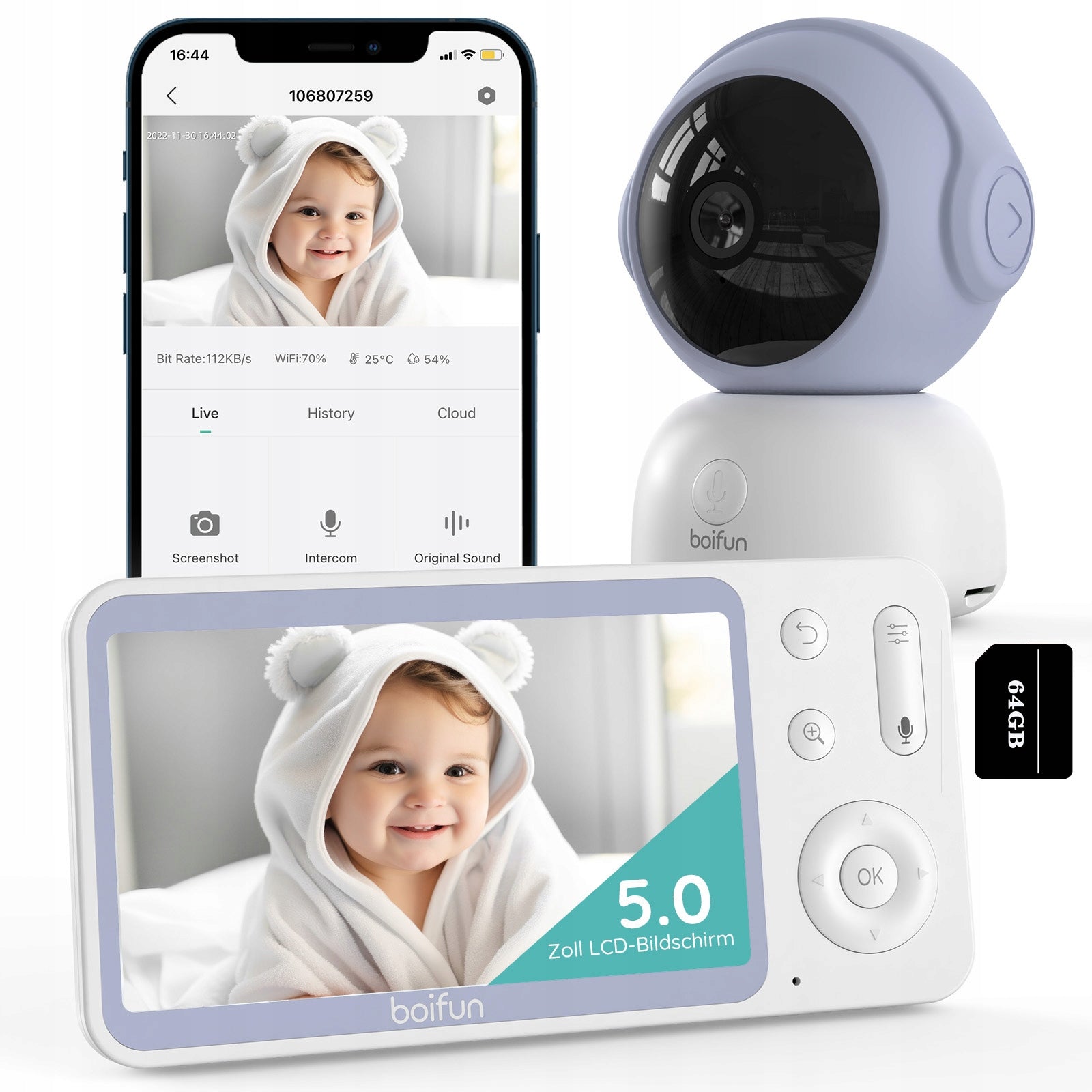 BABY MONITOR ELECTRONIC WIFI CAMERA FHD 2K 3MPx 4x Zoom 5'' LCD 64GB