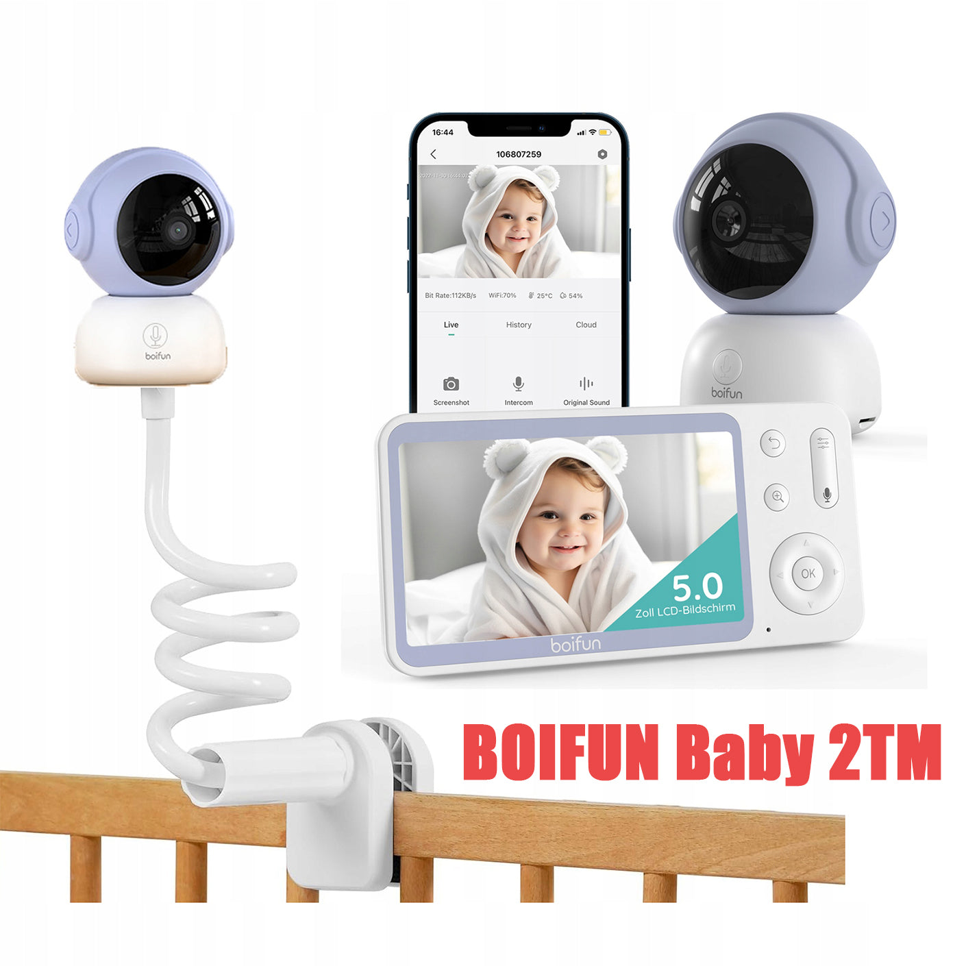 BABY MONITOR ELECTRONIC WIFI CAMERA ROTATING 2K MONITOR LCD 5" 4X ZOOM HANDLE