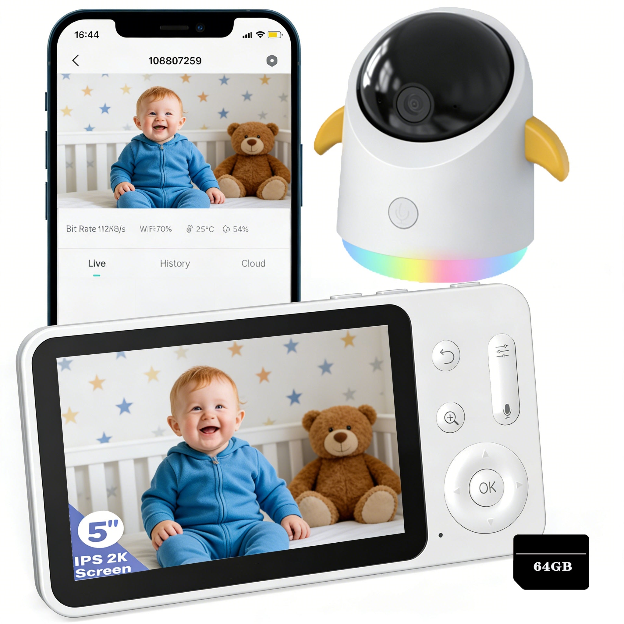 BABY MONITOR HOME WIFI CAMERA IP ROTATING 2K WITH 64GB MEMORY CARD