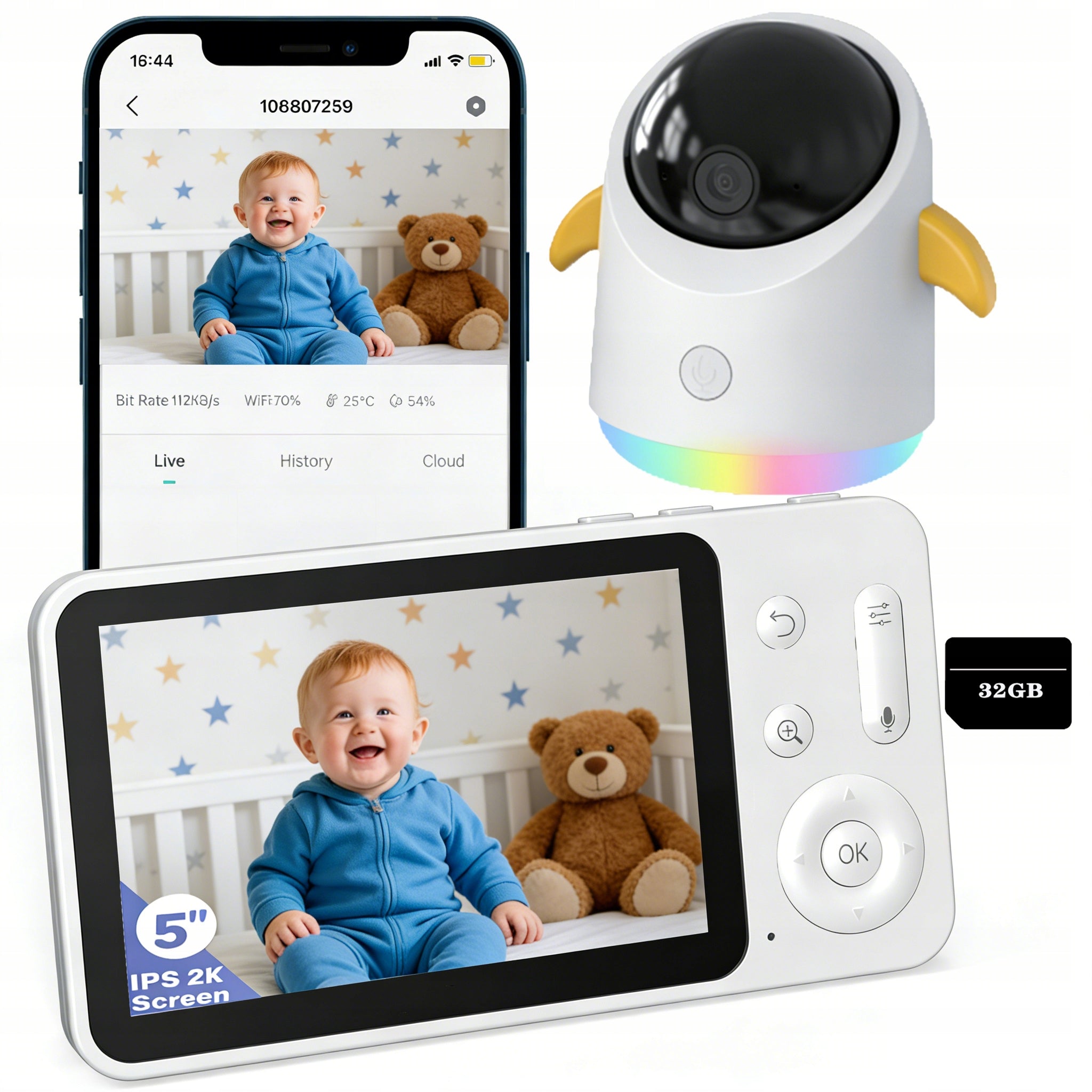 BABY MONITOR HOME WIFI IP CAMERA ROTATING 5" monitor and 2K camera