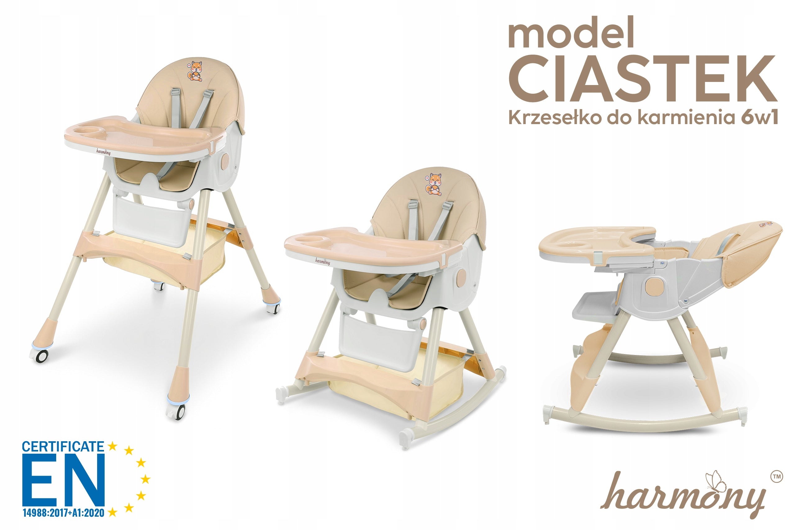 BABY ROCKER FEEDING CHAIR 6IN1 ADJUSTABLE FOLDING BEIGE Color shades of brown and beige