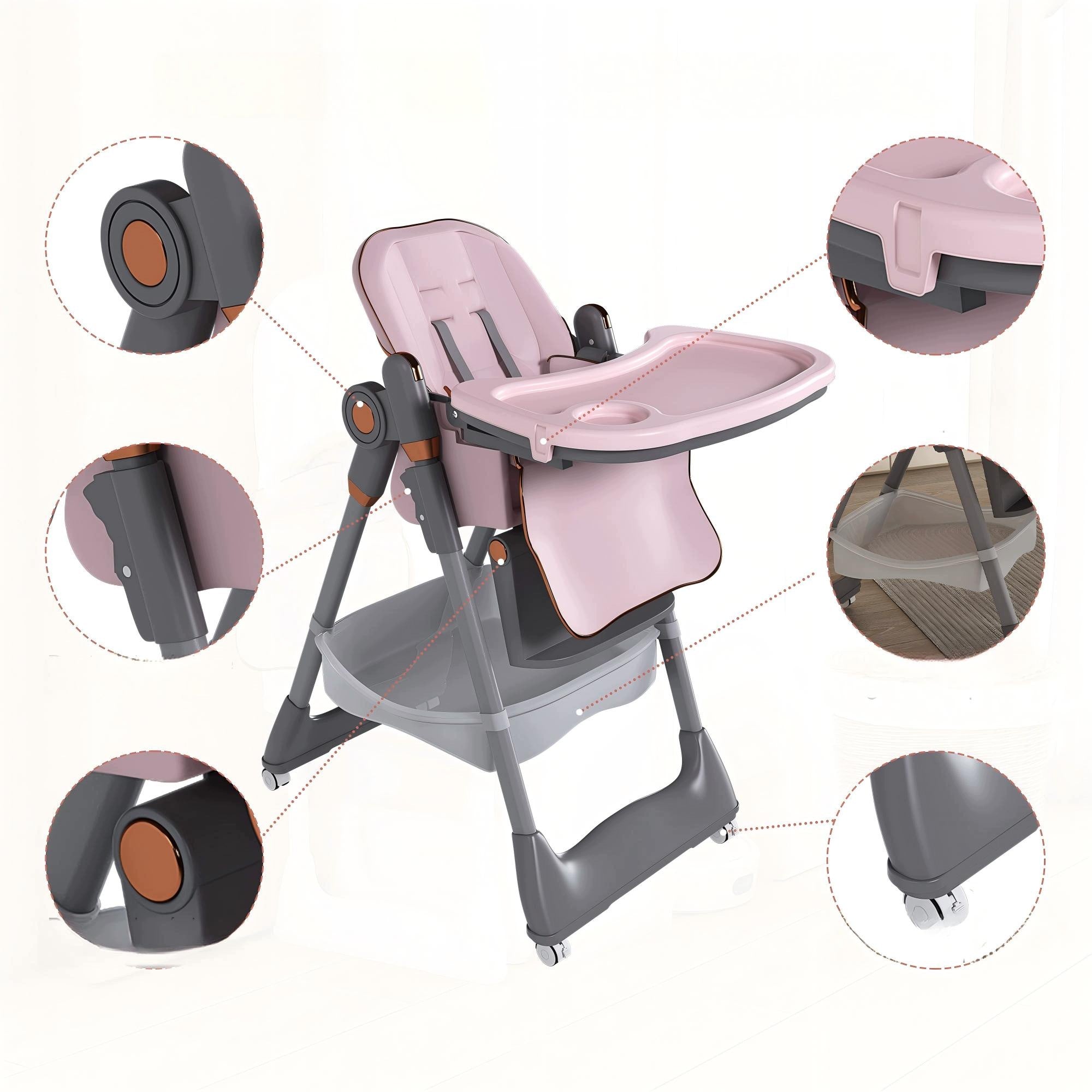 BABY ROCKER FEEDING CHAIR ADJUSTABLE FOLDING, PINK WHEELS Brand no brand