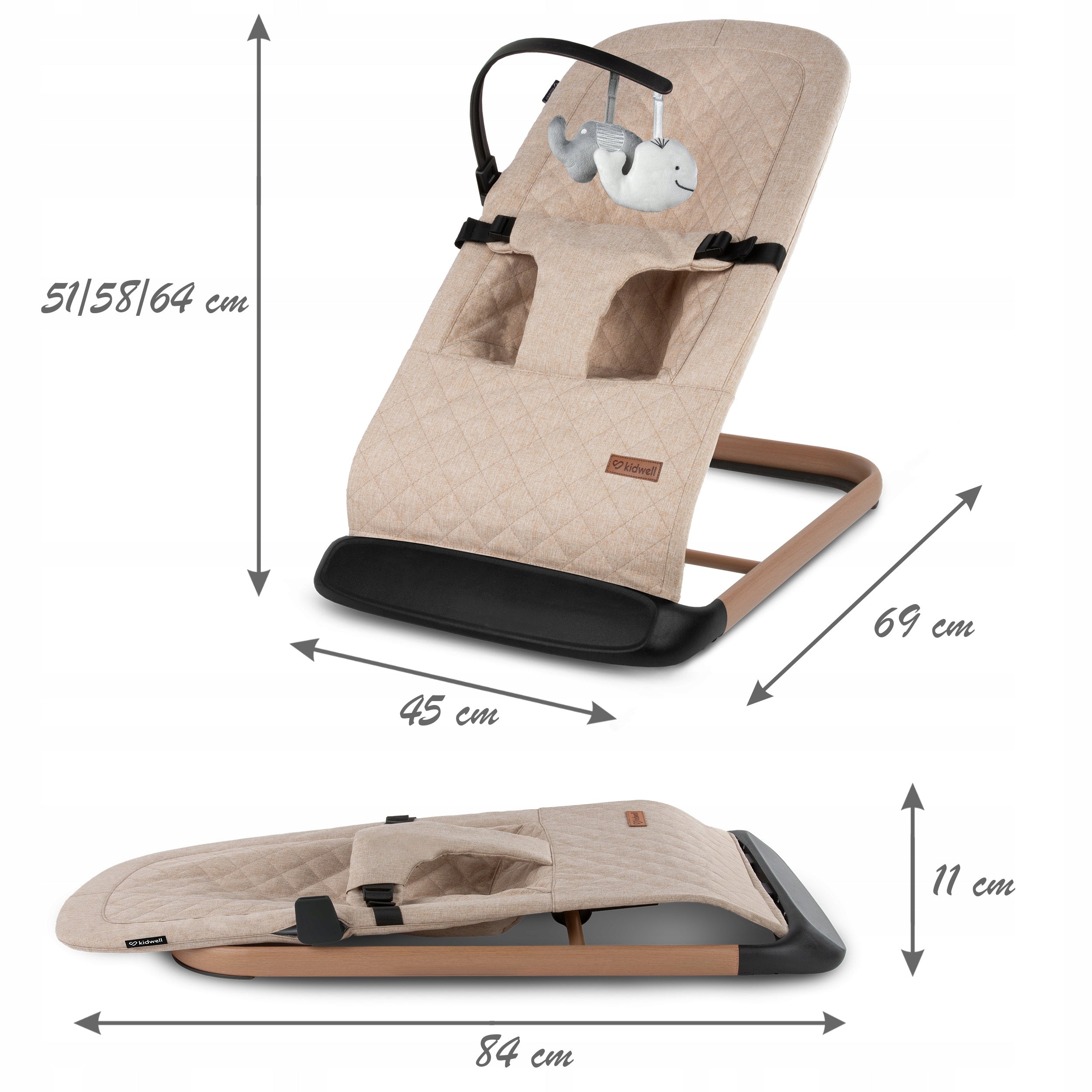 BABY ROCKER LOUNGER 2in1 KIDWELL LARO BEIGE/WOODEN FOLDING Brand Kidwell