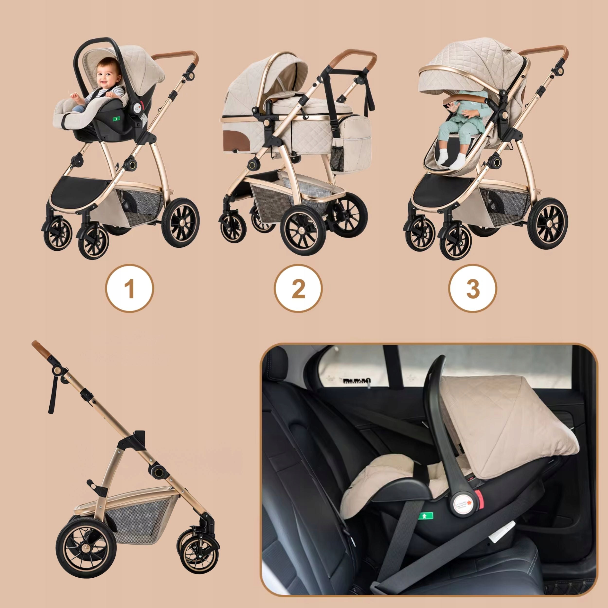 BABY STROLLER 3in1 FOLDING GONDOLA WITH CAR SEAT Manufacturer code Wózek spacerowy 3w1 z fotelikiem do samochodu