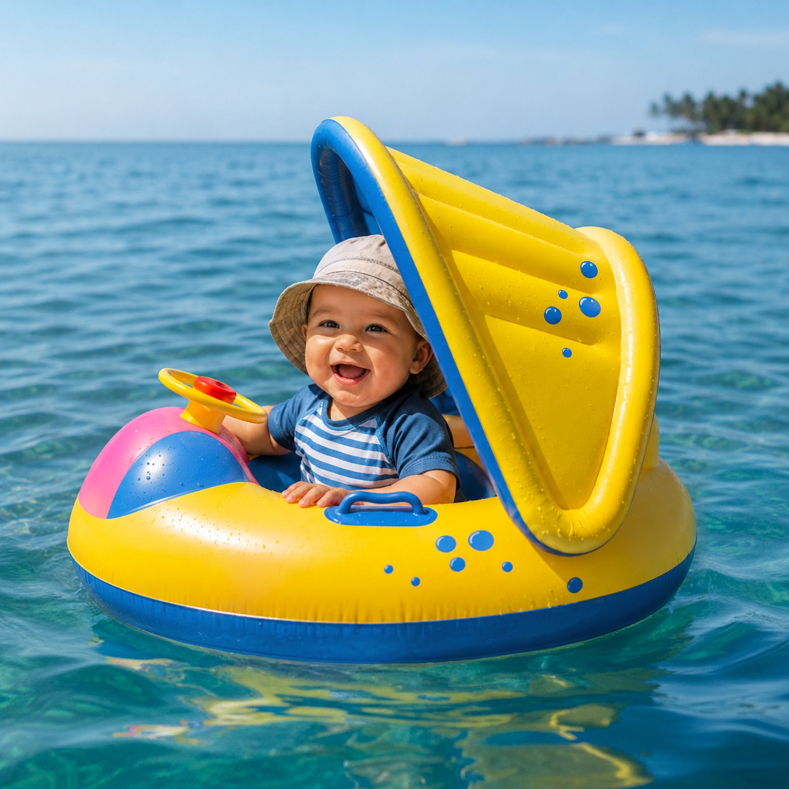 BABY SWIMMING WHEEL CHILDREN With Steering Wheel Canopy INFLATABLE PONTOON Color pink
