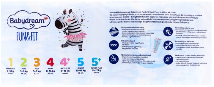 BABYDREAM Fun&Fit Diapers size 4+ Maxi Plus 9-15 kg 44 pieces Medical device no