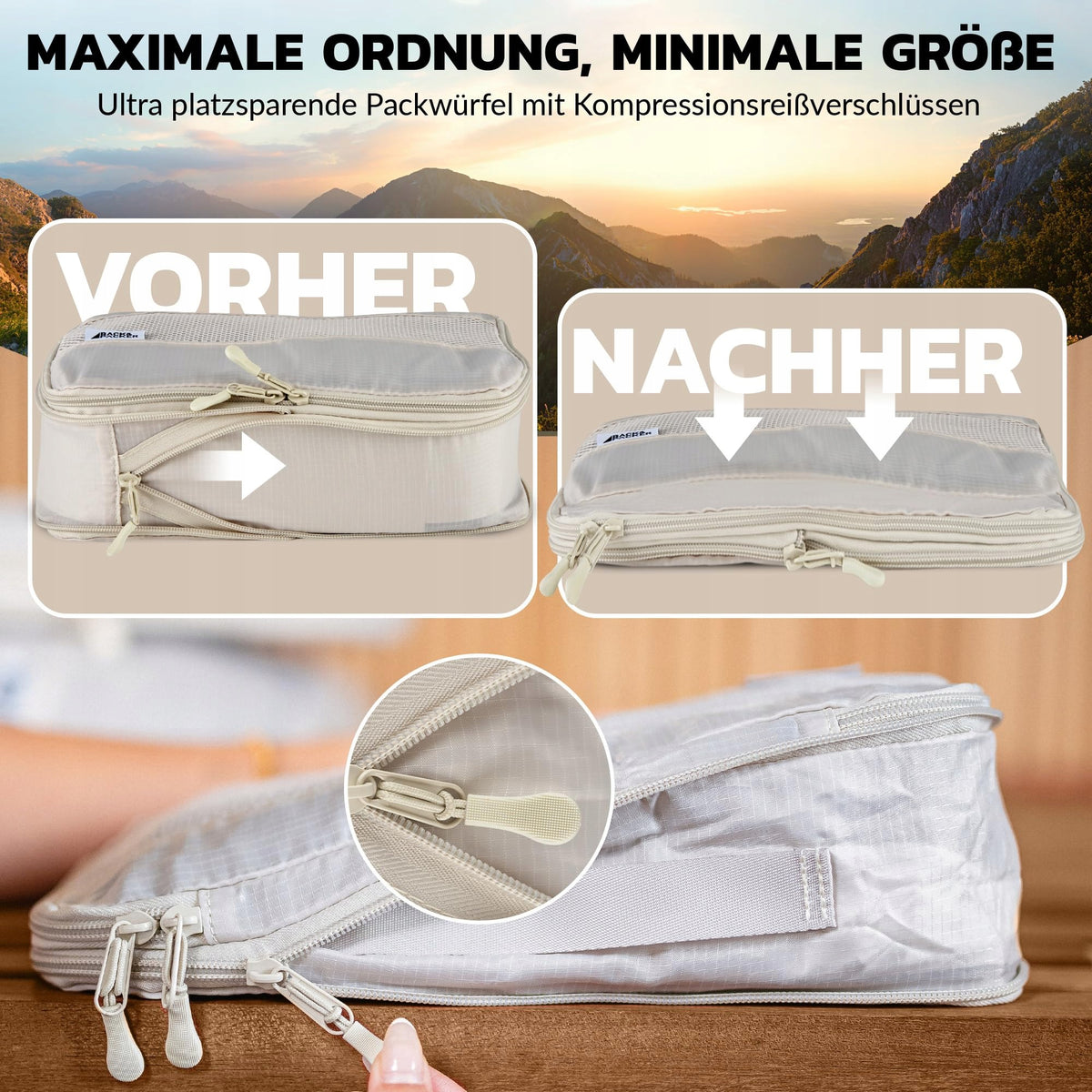 BACK&PACKER Travel Organizer 6 Pcs With Compression Beige For Luggage Packaging status original