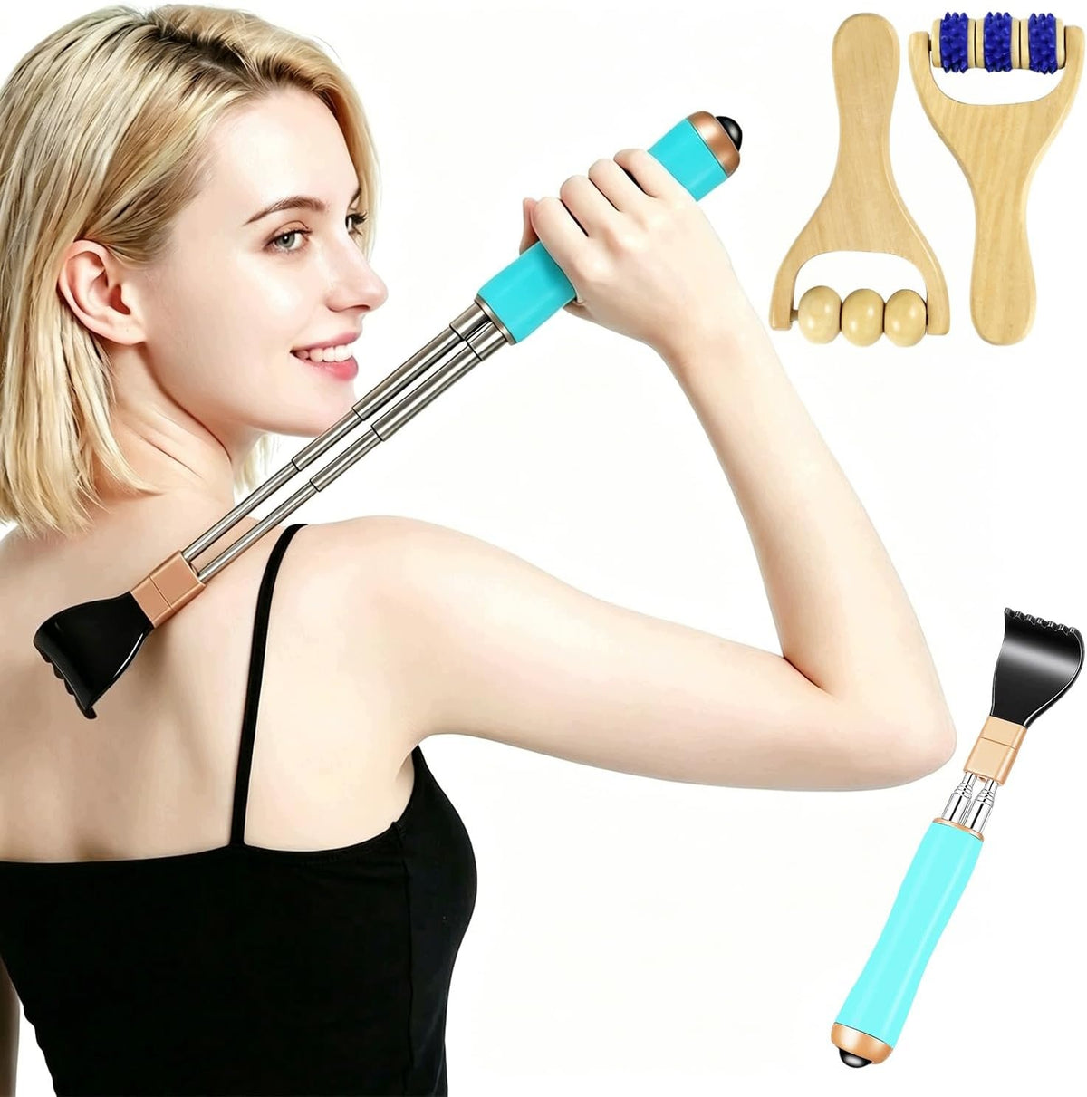BACK SCRAPER WITH MASSAGE ROLLER – WOODEN, ADJUSTABLE 21 TO 54 CM