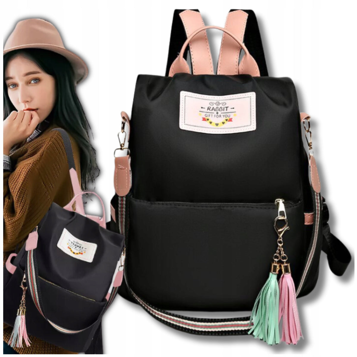 BACKPACK BAG WOMEN'S BACKPACK Strap Black Urban 2IN1 ROOMY