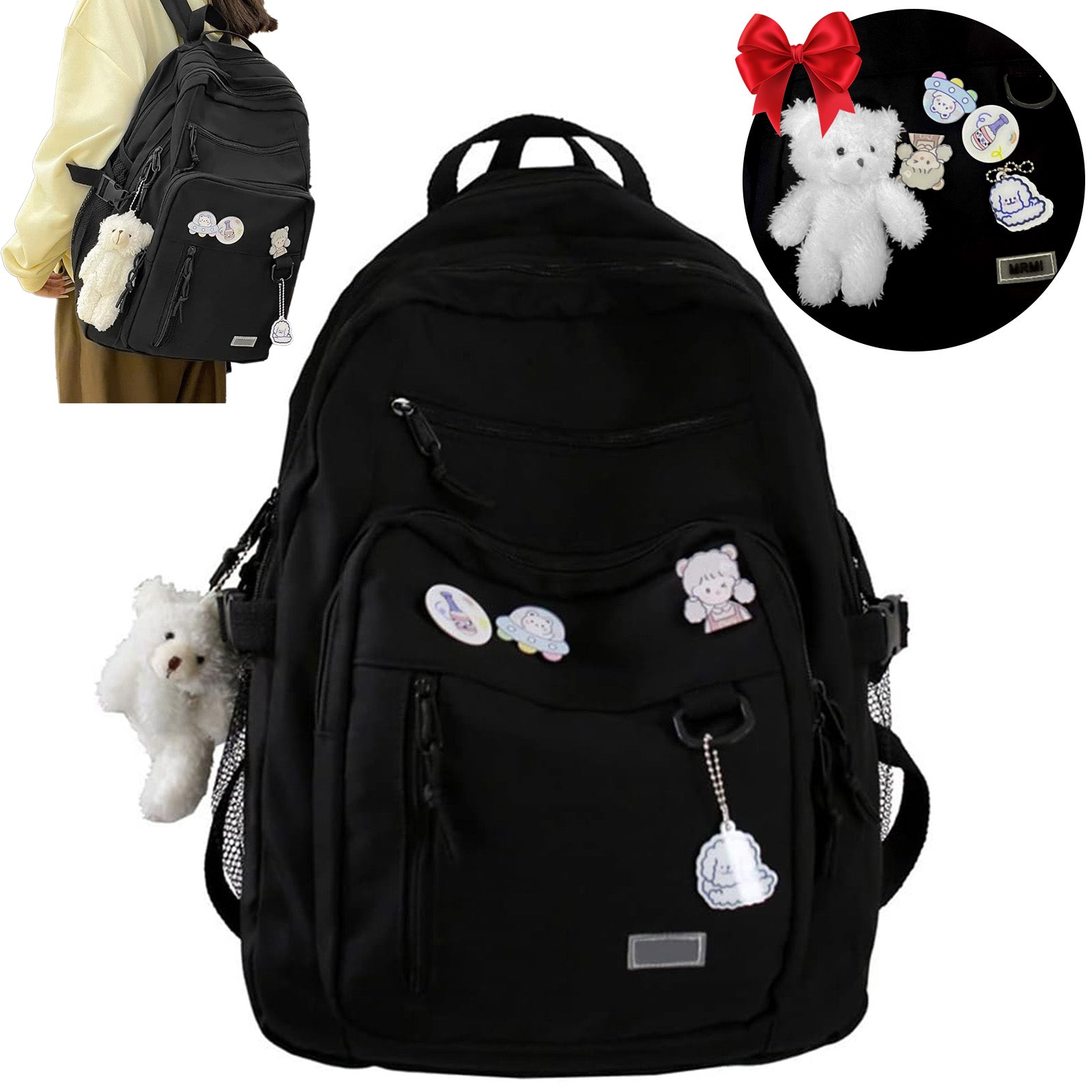 BACKPACK BLACK FOR SCHOOL WORK MEN'S WATERPROOF WITH HANGING PENDANT Gender unisex