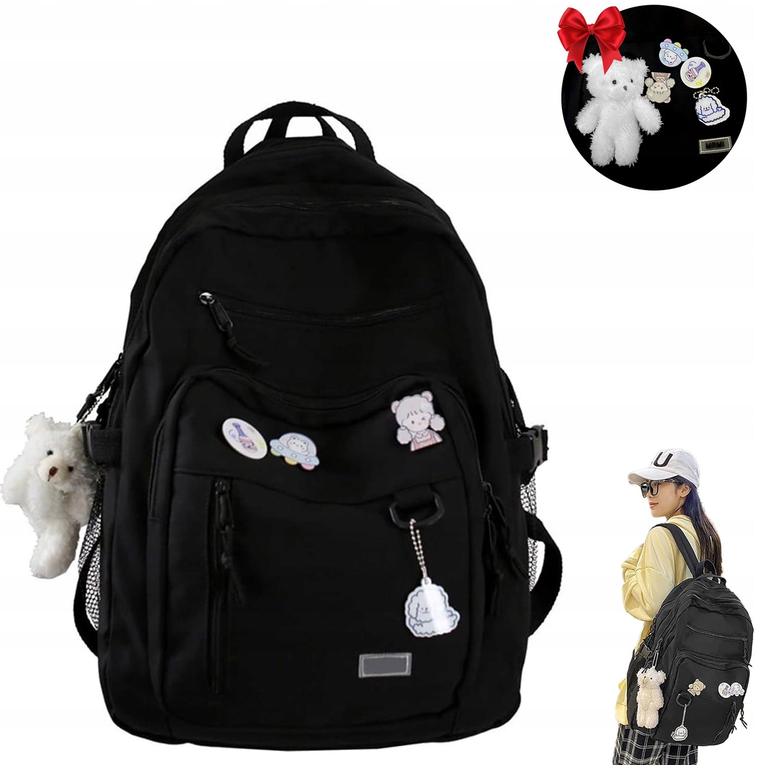 BACKPACK BLACK FOR SCHOOL WORK MEN'S WATERPROOF WITH HANGING PENDANT