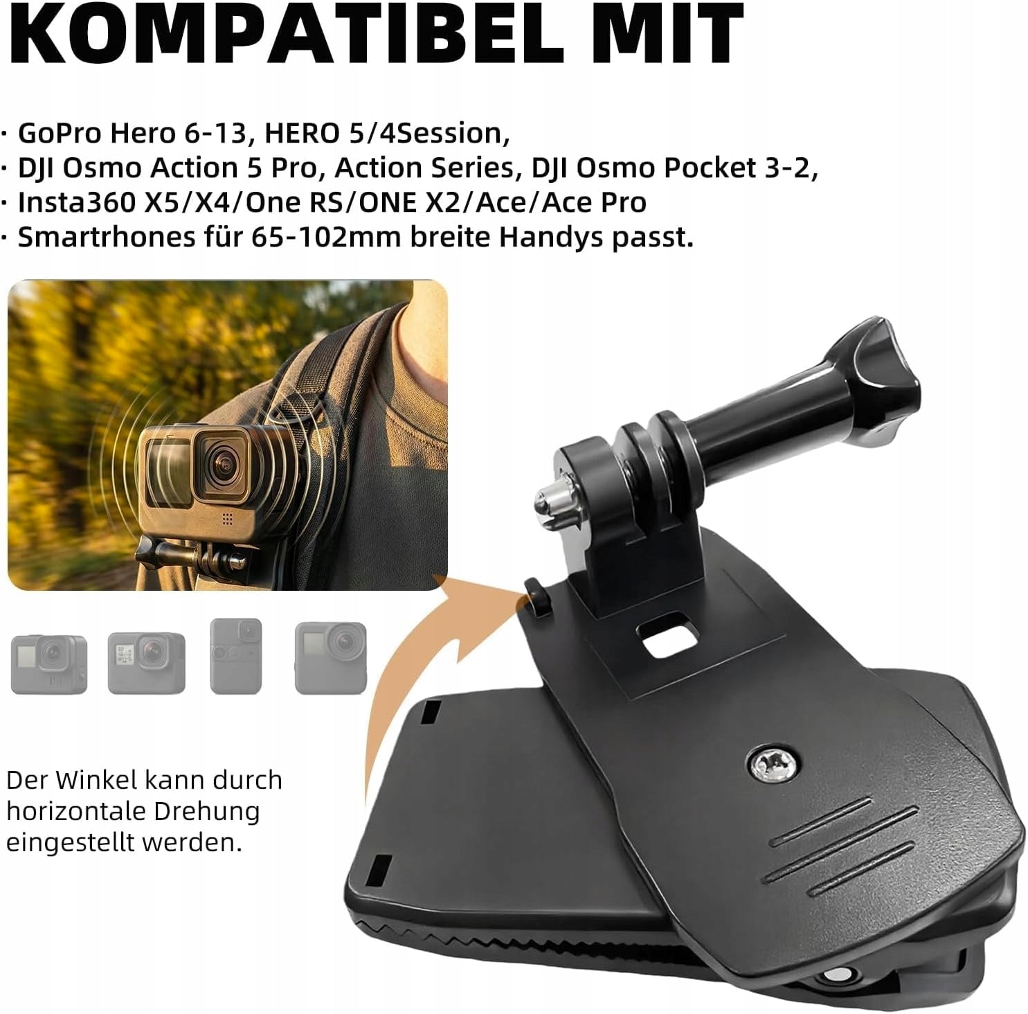 BACKPACK BRACE CLIP FOR SPORTS CAMERA WITH 360 DEGREE ROTATION Model Action Kamera Halterung