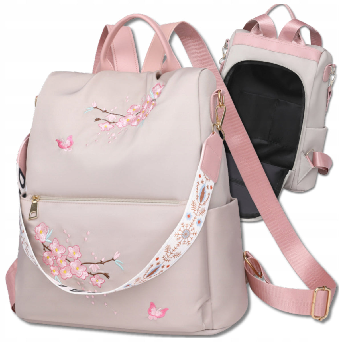 BACKPACK Beige CAPACIOUS WOMEN'S 2in1 Shoulder Bag Waterproof With Flowers Packaging status original