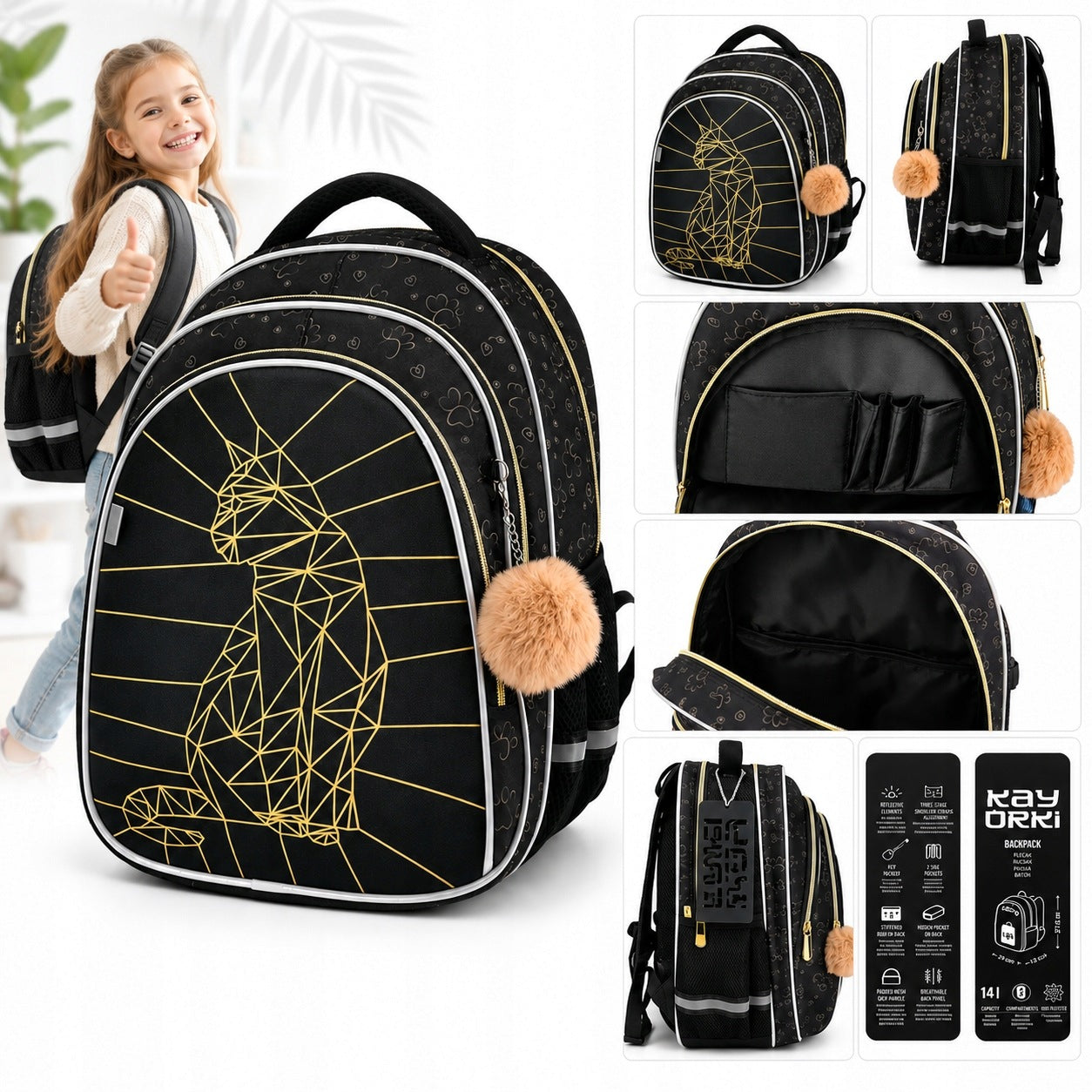 BACKPACK SATCHEL CLASS 1-3 KITTEN WATERPROOF REFLECTIVE FOR GIRLS