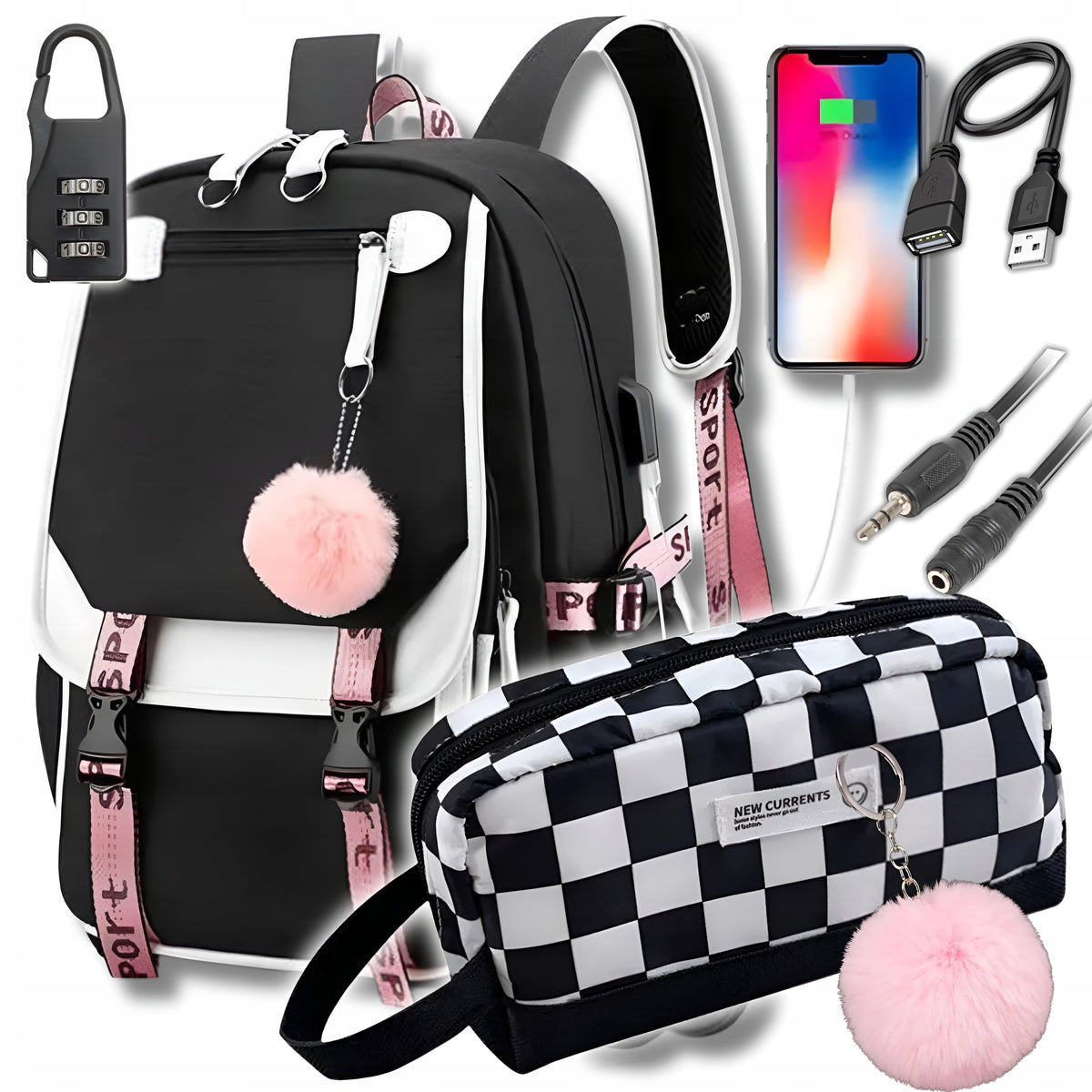 BACKPACK SATCHEL MULTI-CHAMBER SCHOOL YOUTH USB KEYCHAIN + pencil case 6in1