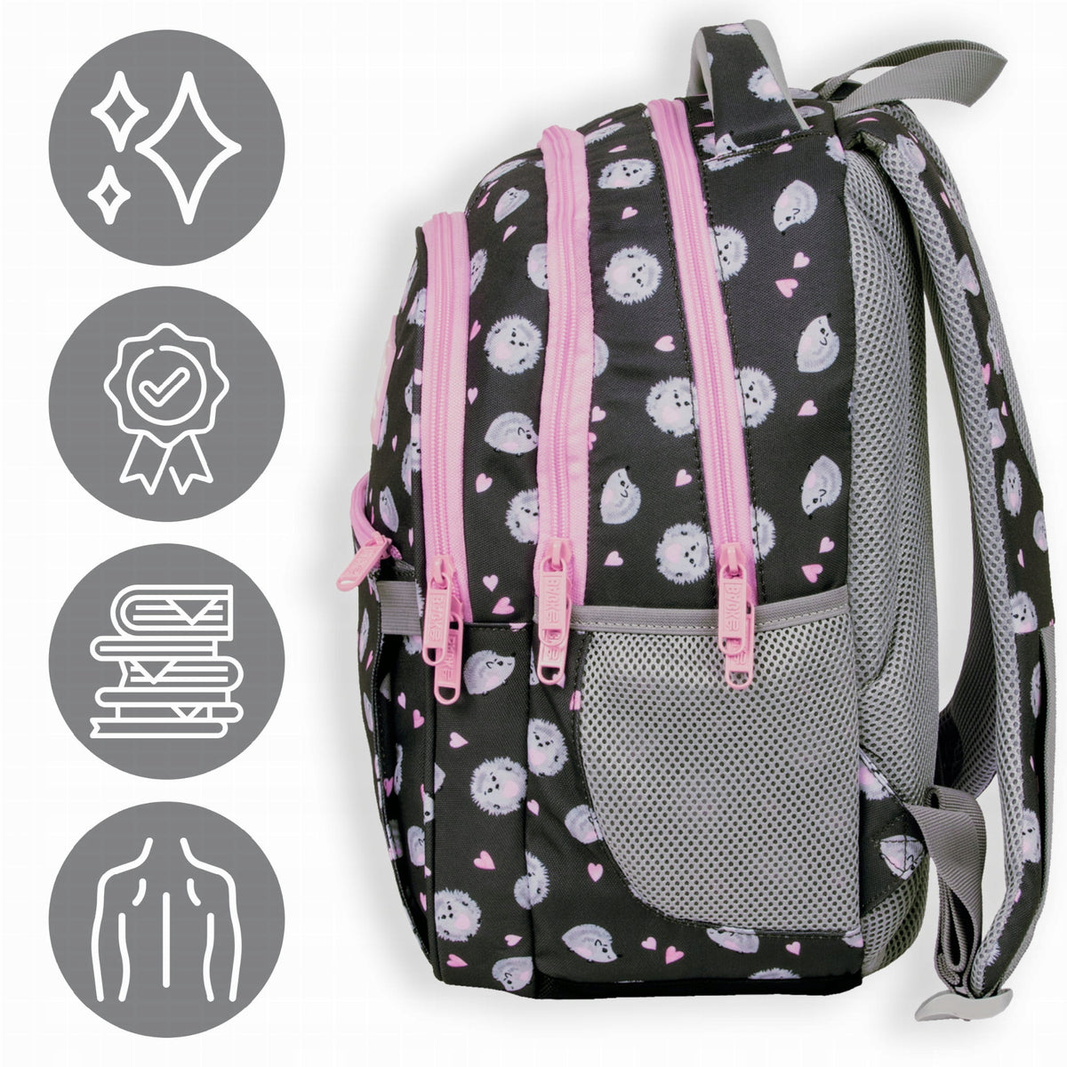 BACKPACK SCHOOL BACKUP HEDGEHOGS GREY PINK GIRL Brand Back Up