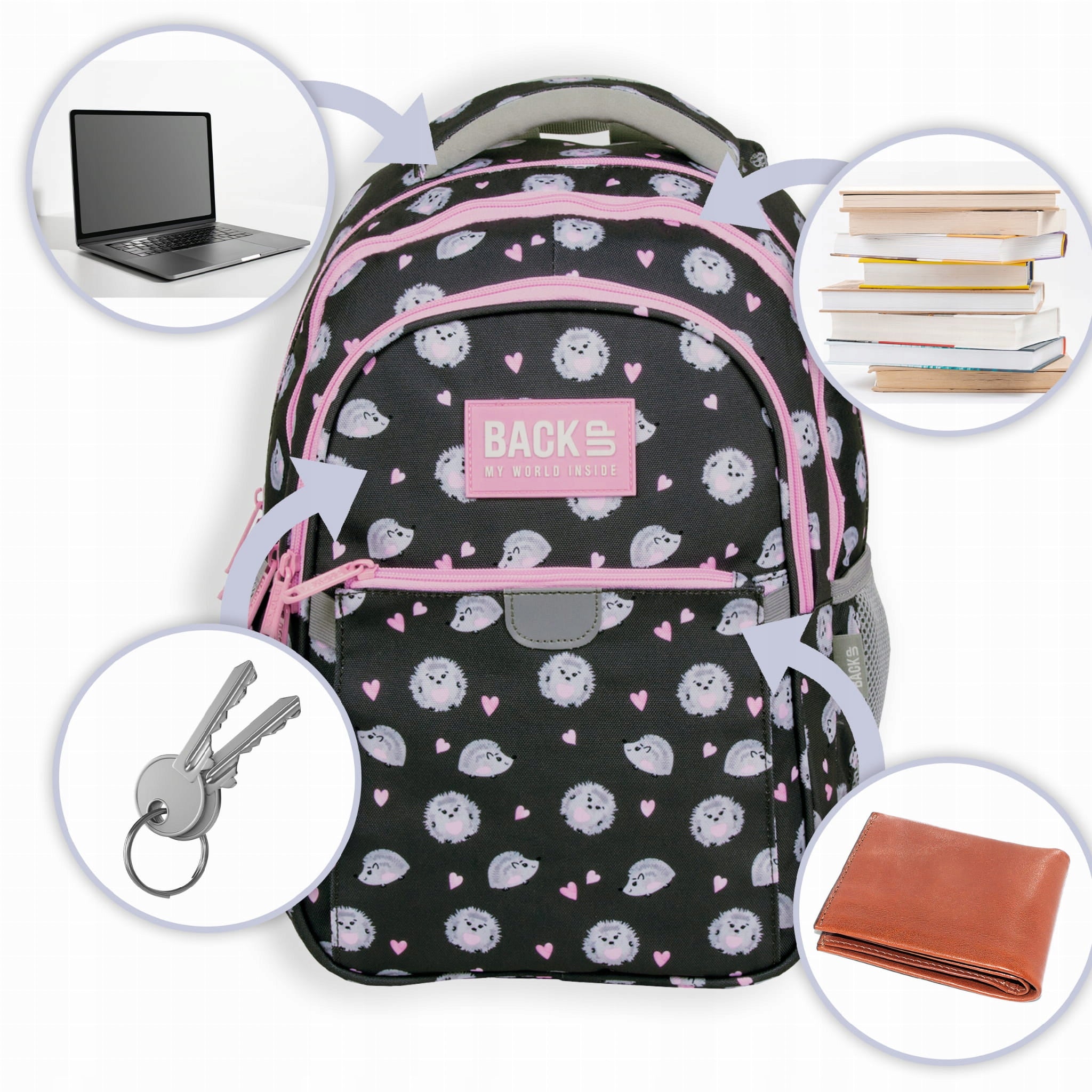 BACKPACK SCHOOL BACKUP HEDGEHOGS GREY PINK GIRL Manufacturer code PLB6P16