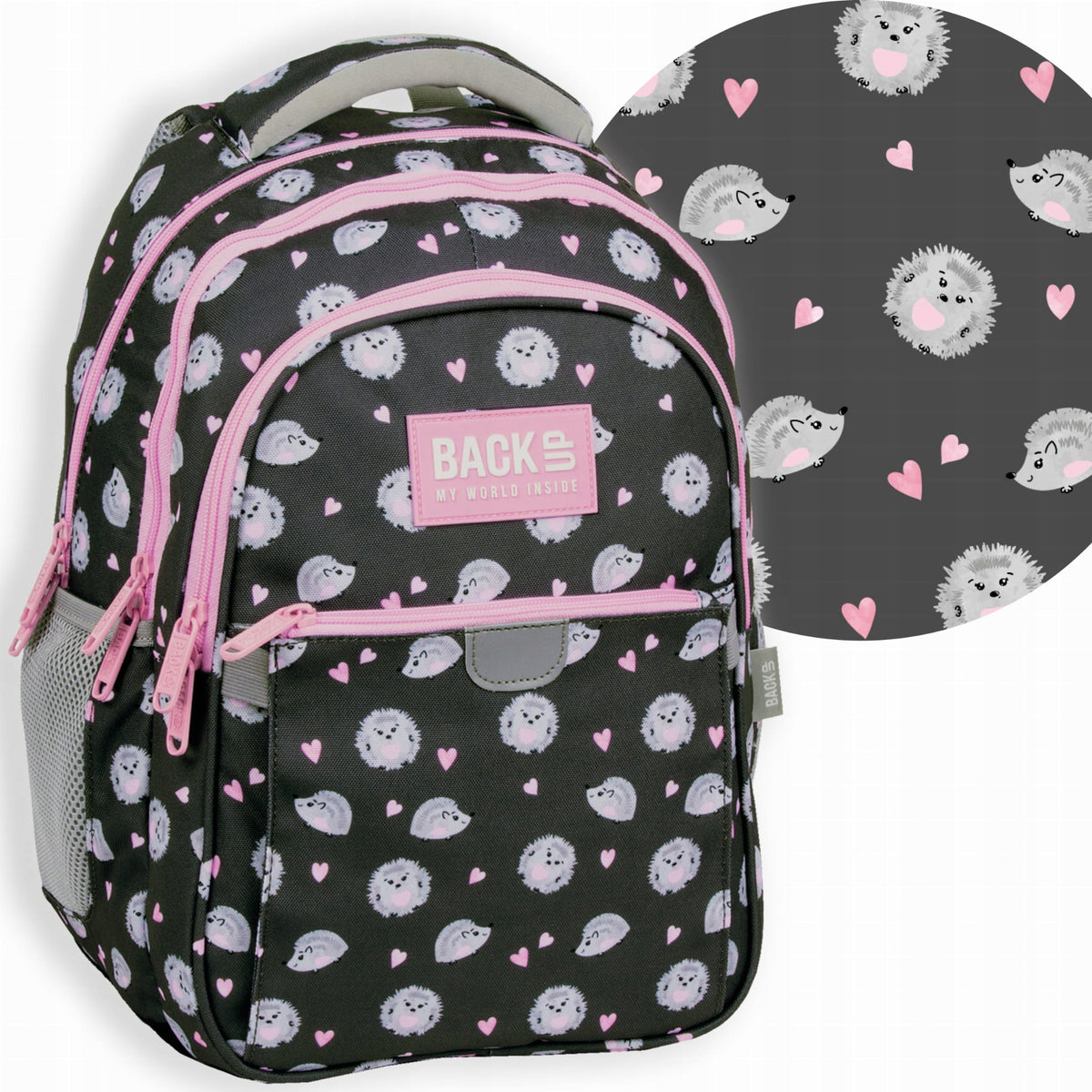 BACKPACK SCHOOL BACKUP HEDGEHOGS GREY PINK GIRL
