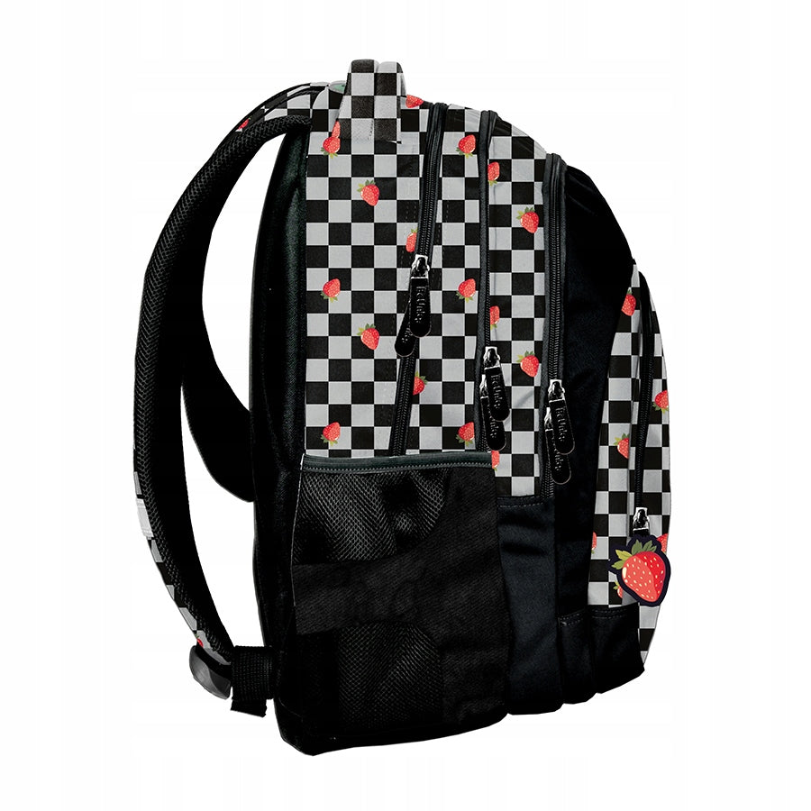 BACKPACK SCHOOL SATCHEL MULTI-CHAMBER BeUniq BLACK GRILLE STRAWBERRY Brand BeUniq