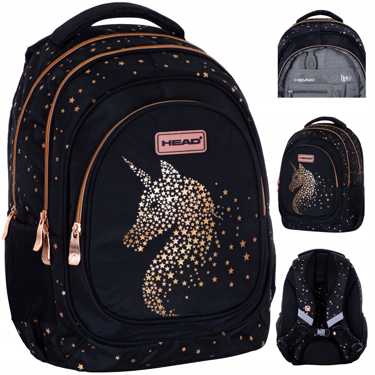BACKPACK SCHOOL SATCHEL UNICORN BLACK GOLD
