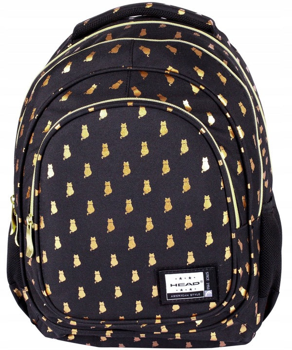 BACKPACK SCHOOL SATCHEL WITH KITTEN CAT BLACK GOLD GOLDEN KITTY Brand Astra