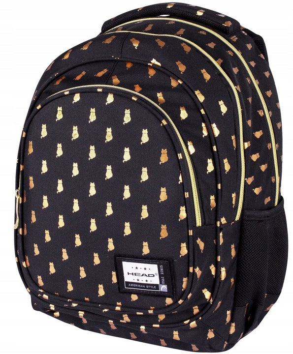 BACKPACK SCHOOL SATCHEL WITH KITTEN CAT BLACK GOLD GOLDEN KITTY Manufacturer code Head 4