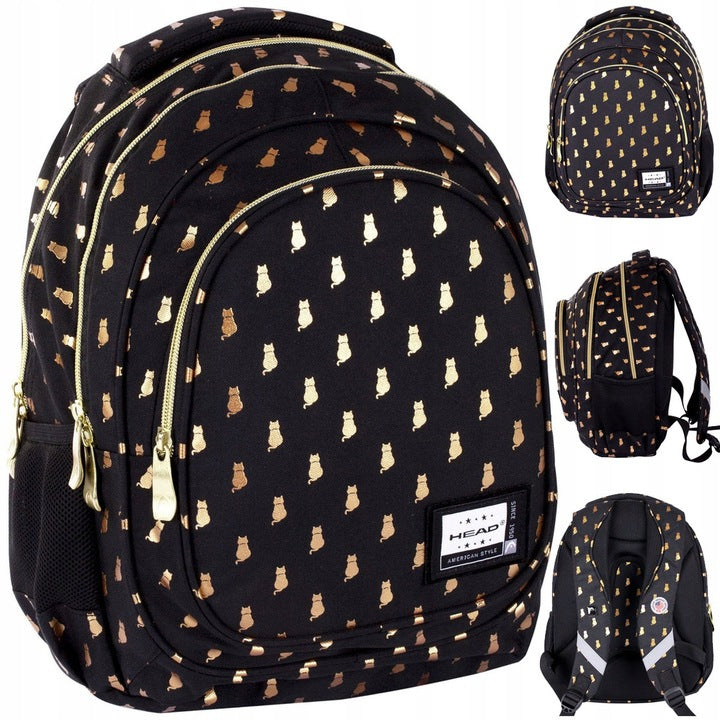 BACKPACK SCHOOL SATCHEL WITH KITTEN CAT BLACK GOLD GOLDEN KITTY
