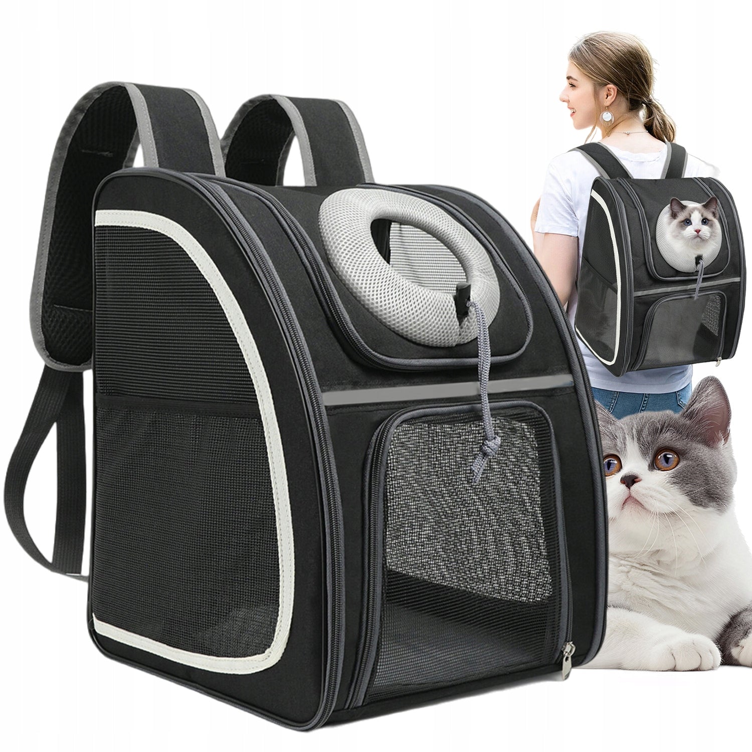 BACKPACK TRANSPORTER FOR CAT AND DOG BREATHABLE BLACK WITH MESH ROOMY