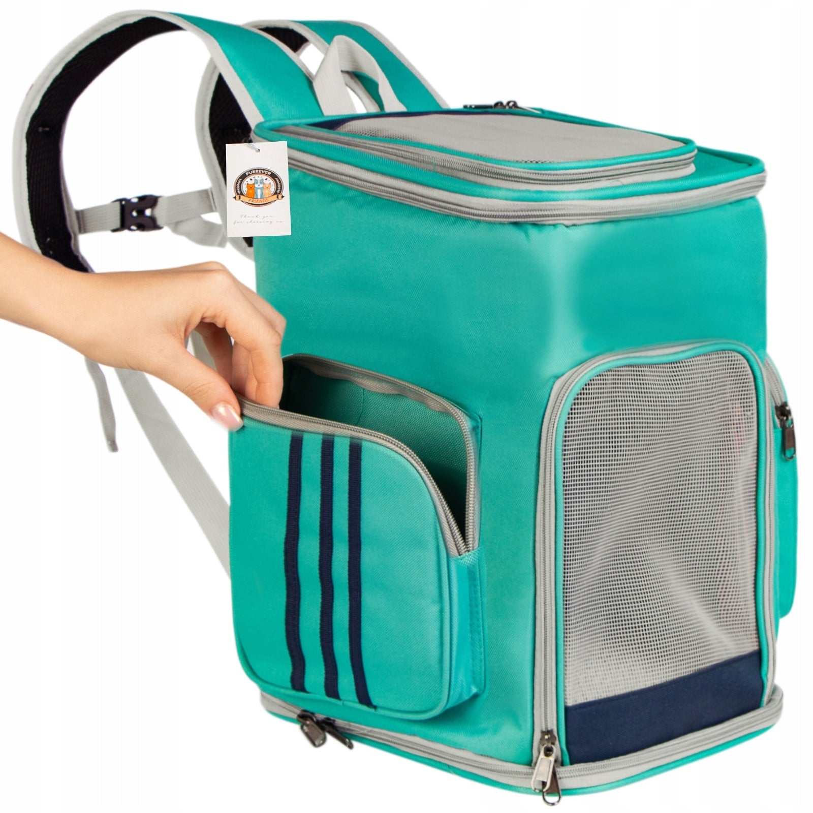 BACKPACK TRANSPORTER FOR DOG AND CAT TURQUOISE STRONG INDESTRUCTIBLE RESISTANT Product depth 27 cm