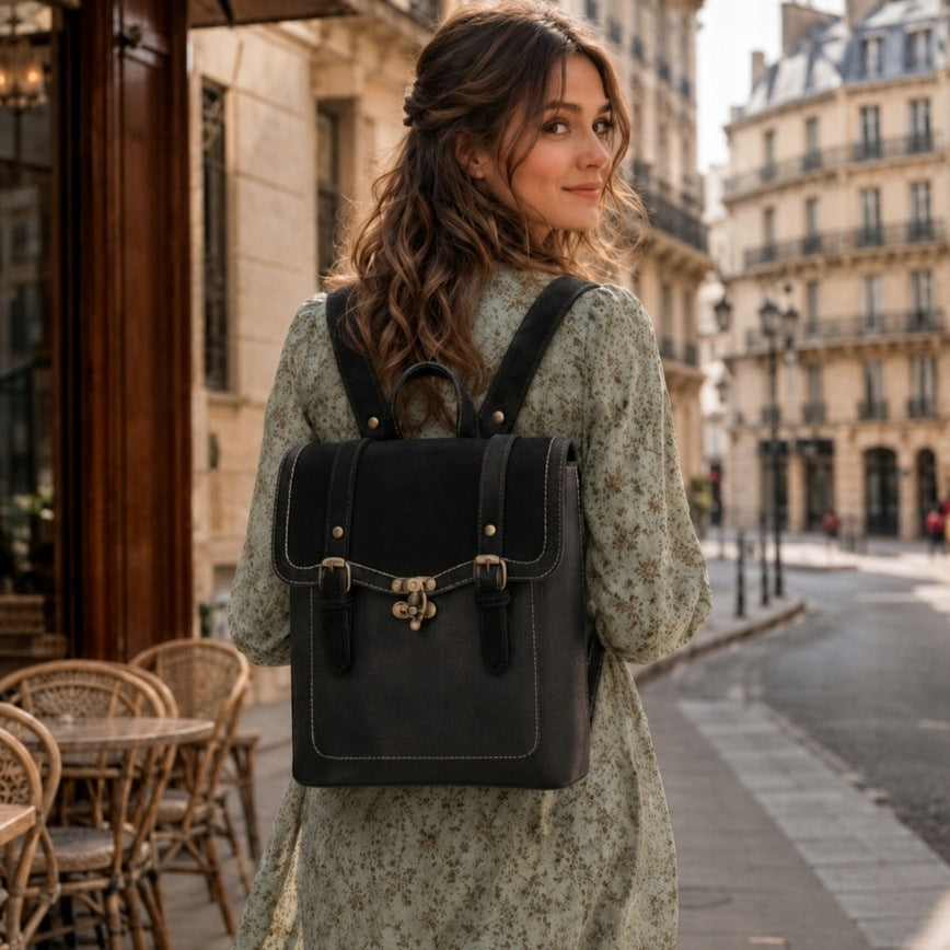 BACKPACK WOMEN'S BACKPACK BAG ECO LEATHER ELEGANT URBAN VINTAGE BLACK Main pattern plain