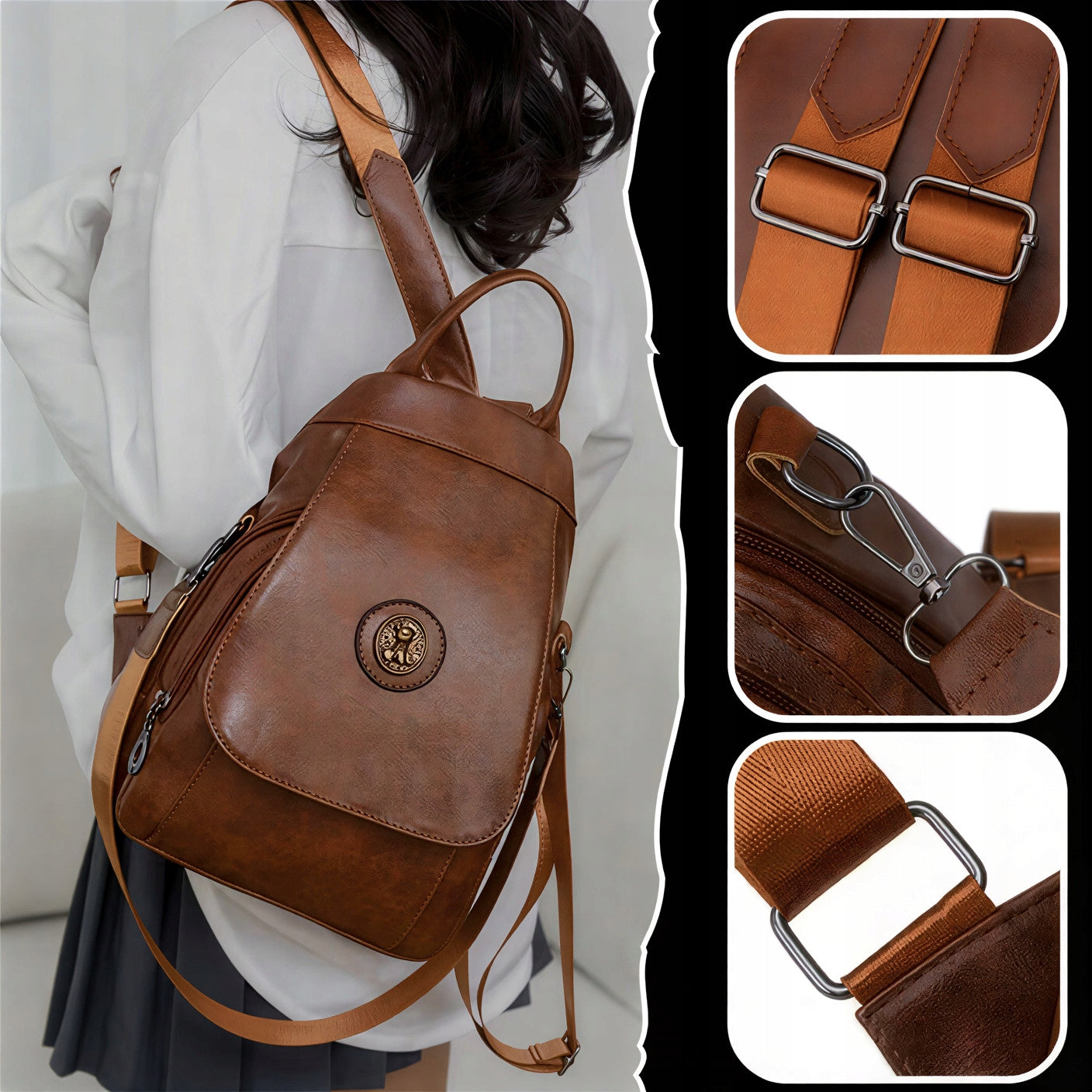BACKPACK WOMEN'S BACKPACK BROWN ECO LEATHER URBAN ELEGANT ROOMY BELT Brand no brand