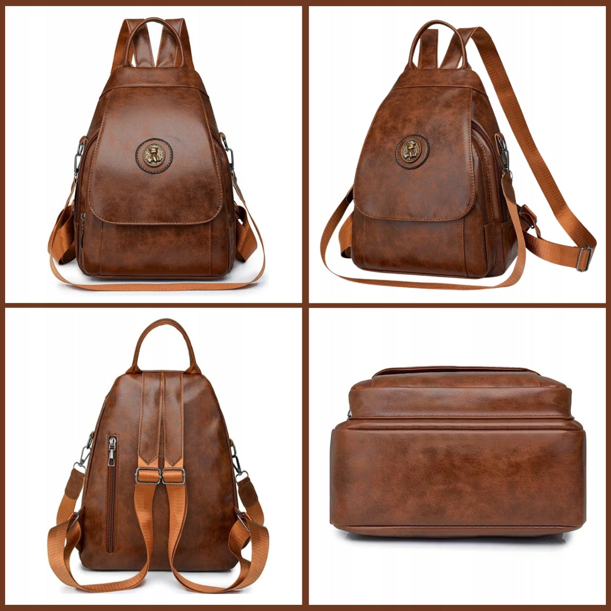 BACKPACK WOMEN'S BACKPACK BROWN ECO LEATHER URBAN ELEGANT ROOMY BELT Packaging status original