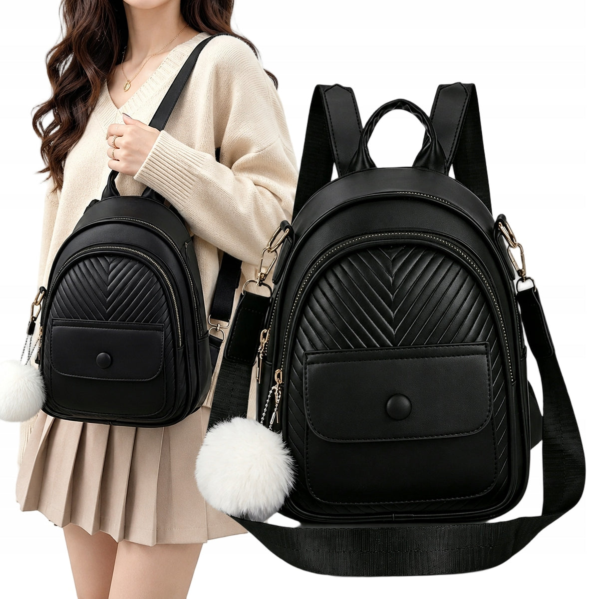 BACKPACK WOMEN'S BACKPACK FAUX LEATHER BAG BLACK FASHIONABLE