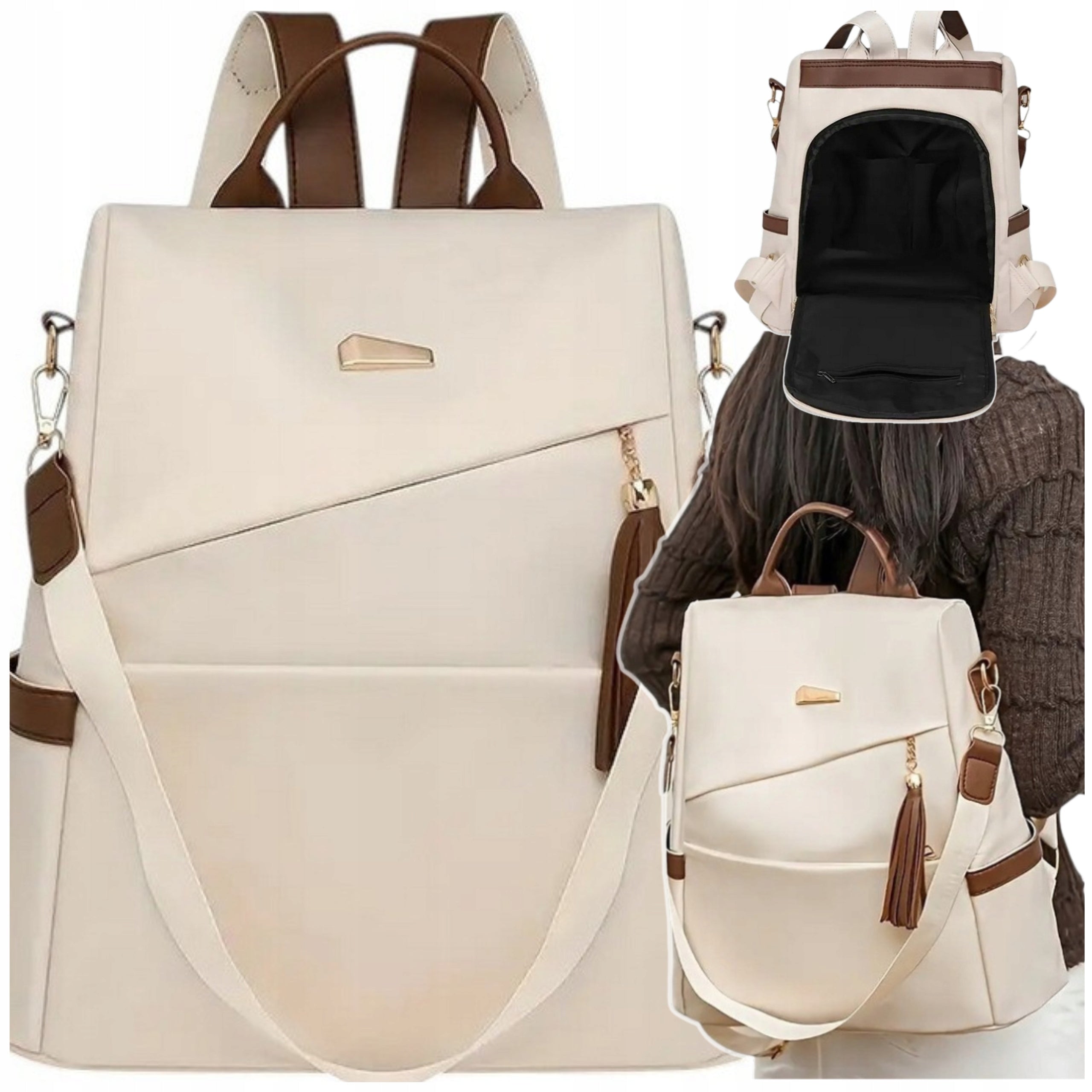 BACKPACK WOMEN'S BACKPACK FOR SCHOOL WORK BEIGE STYLISH URBAN ROOMY