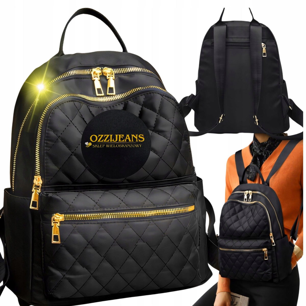 BACKPACK WOMEN'S SHOULDER BAG QUILTED BLACK ROOMY WATERPROOF