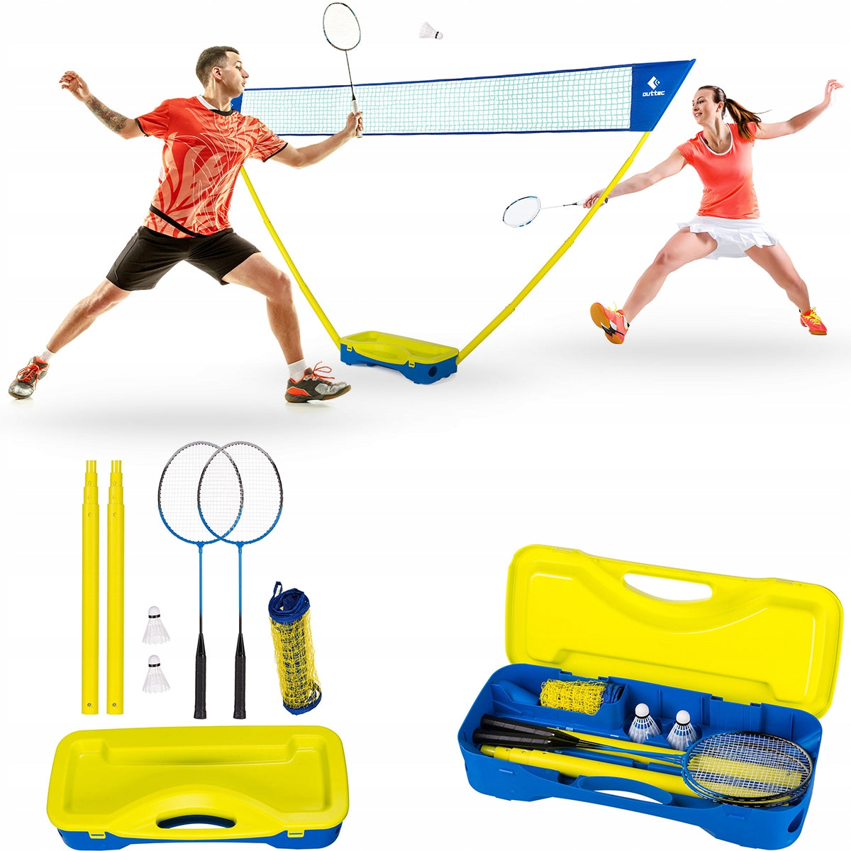 BADMINTON SET 2IN1 RACKETS NET SHUTTLECOCKS IN SUITCASE FOLDING OUTTEC