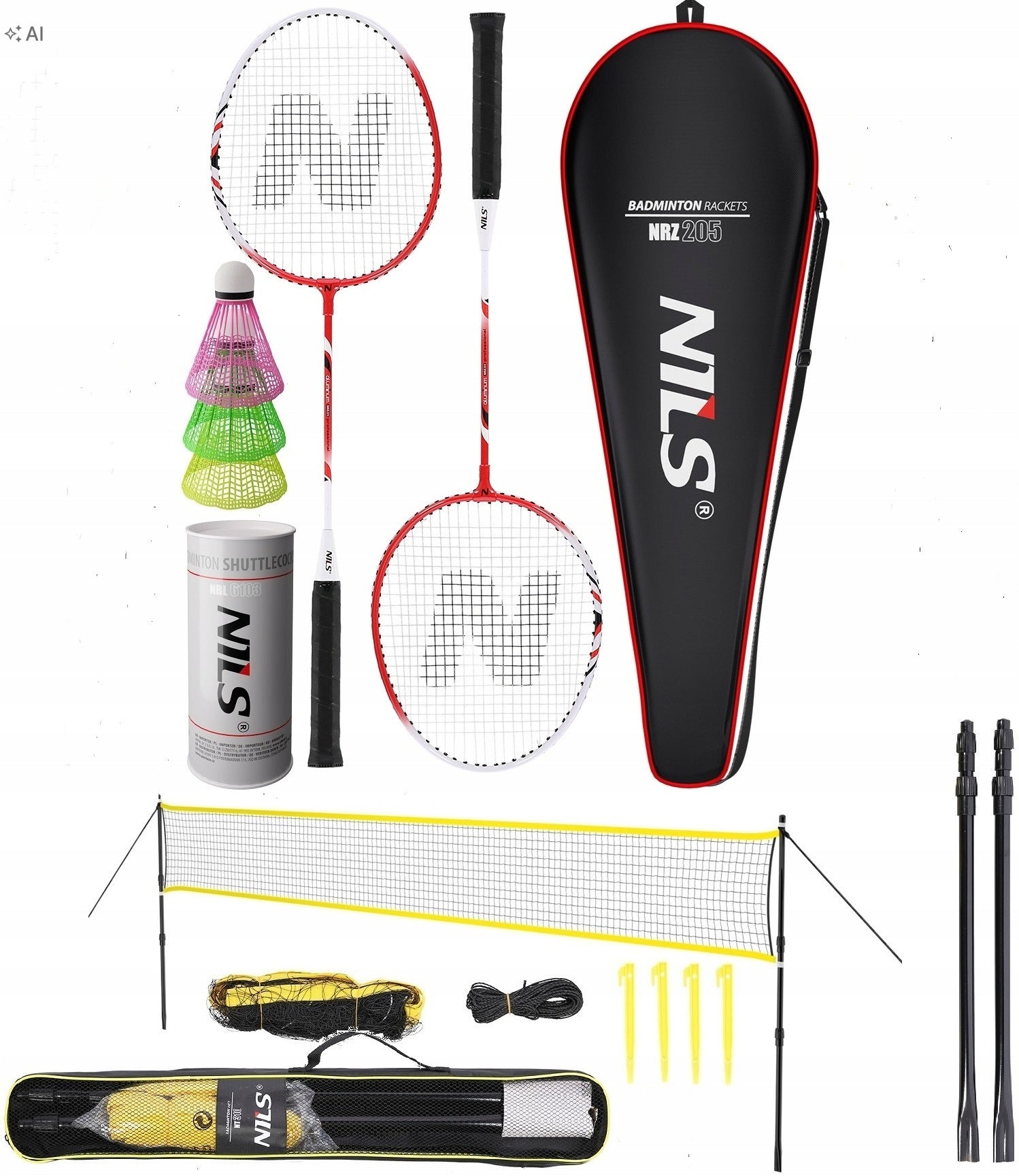 BADMINTON SET 2x RACKETS DARTS BAG MESH TELESCOPIC POSTS NILS