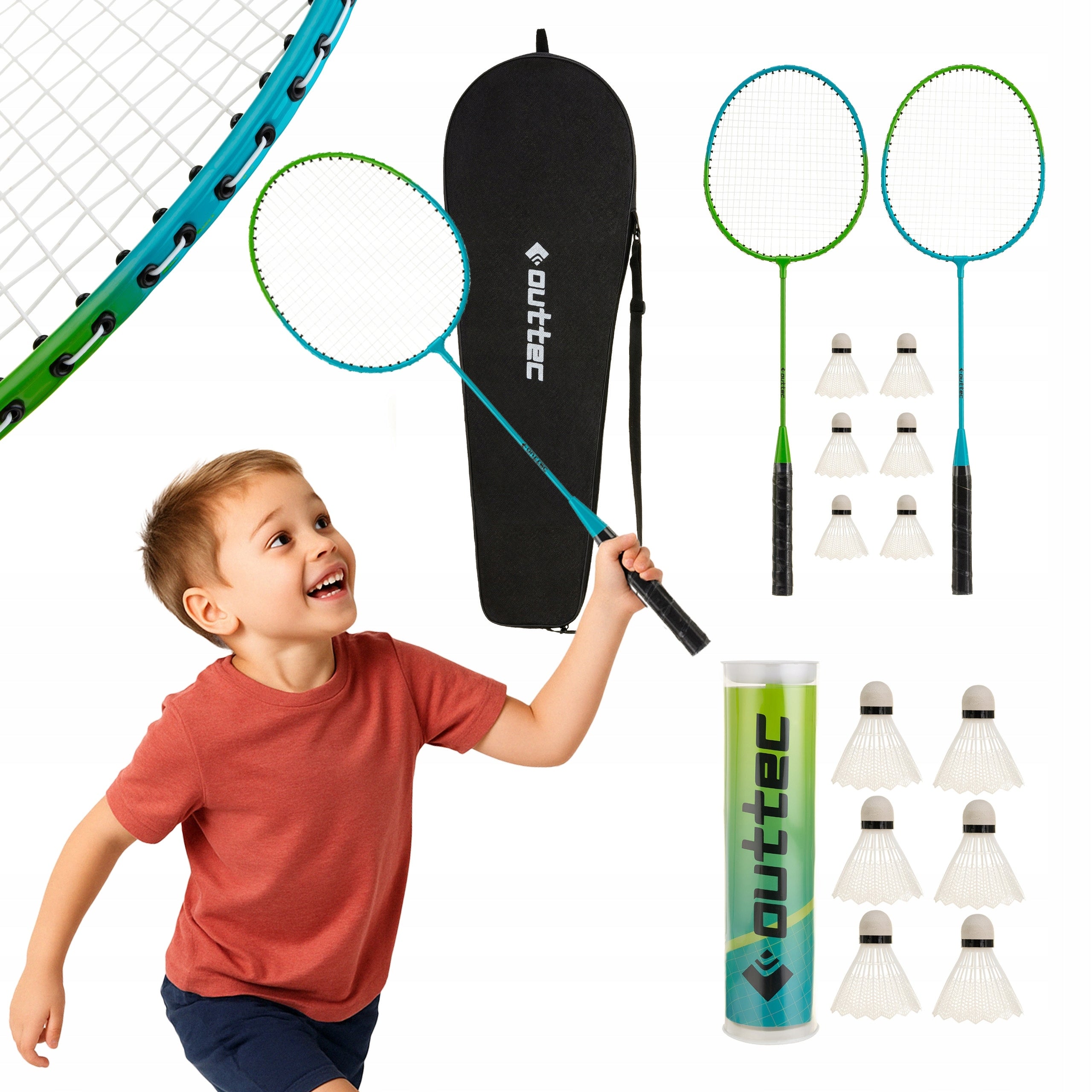 BADMINTON SET WITH COVER 2 PADDLE RACKETS +6 SHUTTLECOCKS SET OUTTEC