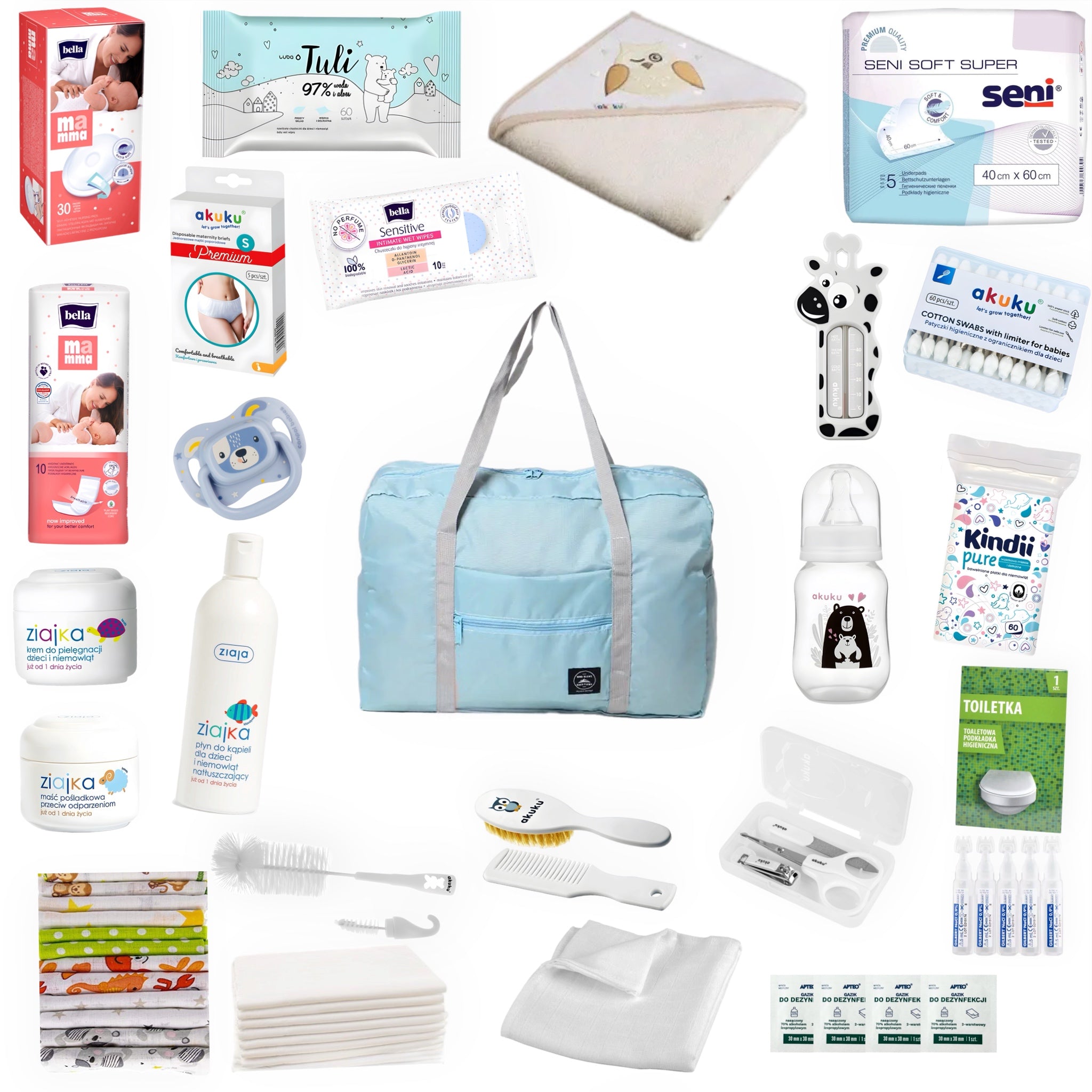 BAG FOR NEWBORN/MOM TO HOSPITAL + TOWEL – blue