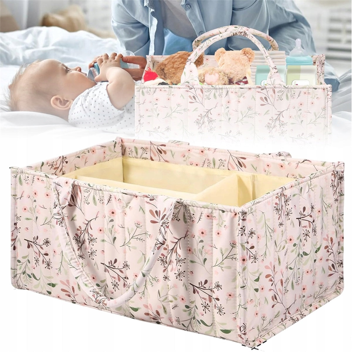 BAG ORGANIZER WITH SIDE HANDLES FOR DIAPER WIPES BEIGE FLORAL