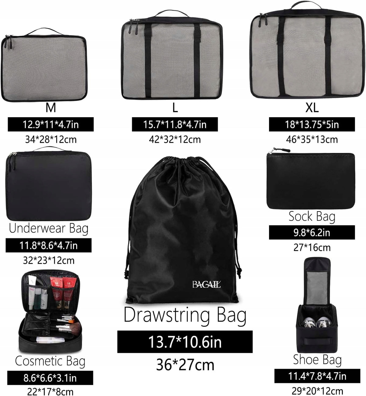 BAGAIL Packing Organizer Set - 8 Pieces, Black Nylon Manufacturer code B08S3M2TPG
