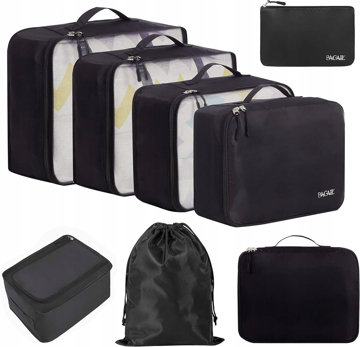 BAGAIL Packing Organizer Set - 8 Pieces, Black Nylon