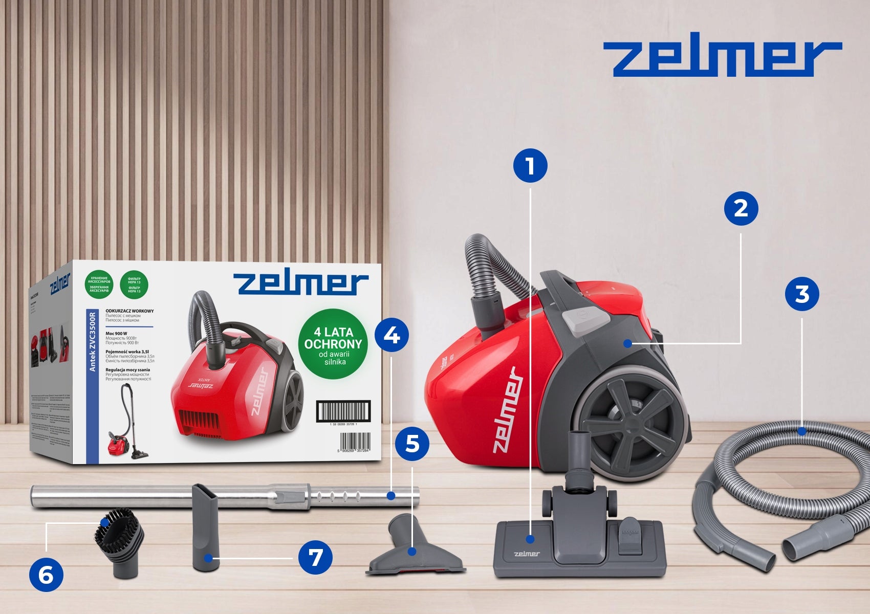 BAGGED VACUUM CLEANER ZELMER ANTEK TRADITIONAL WITH HEPA FILTER + ECO 900W TIPS Manufacturer code 81105728P