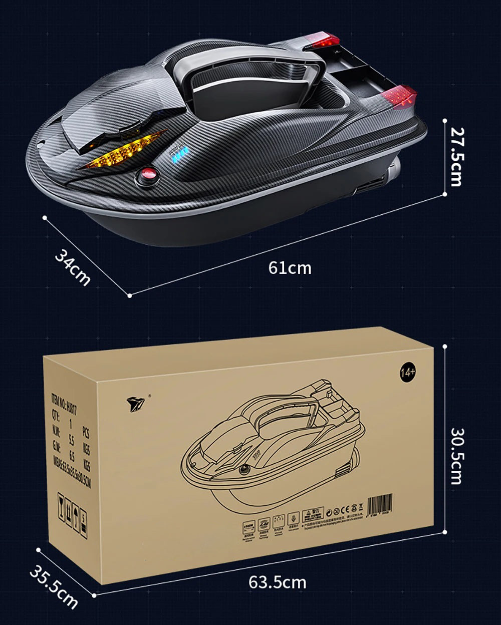BAIT BOAT REMOTE CONTROLLED FISHING BOAT LARGE 3,5KG 3 CHAMBERS WITH GPS Lighting front/rear
