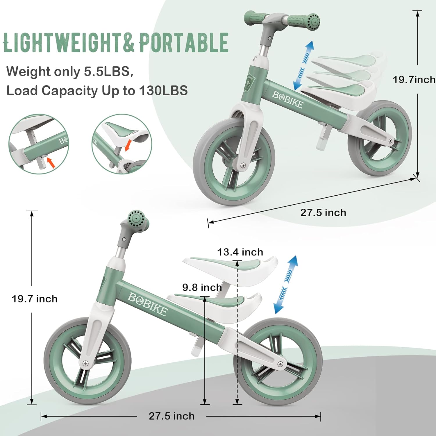BALANCE BIKE PEDAL-FREE BIKE BOBIKE 1.5-4 years up to 25 kg ADJUSTABLE Color green