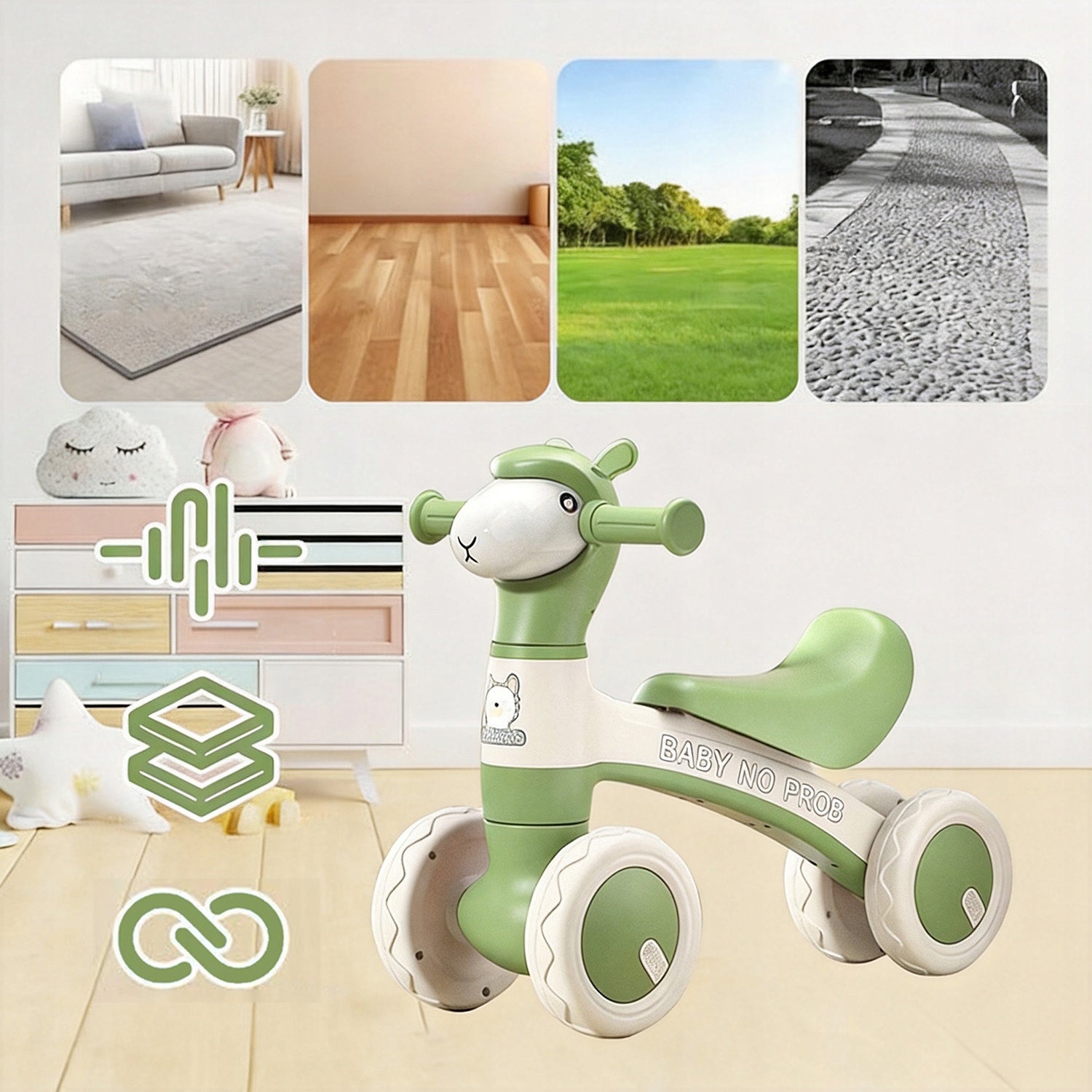 BALANCE BIKE WITH MUSIC + LIGHTS + SOAP BUBBLE SPRAY Color green