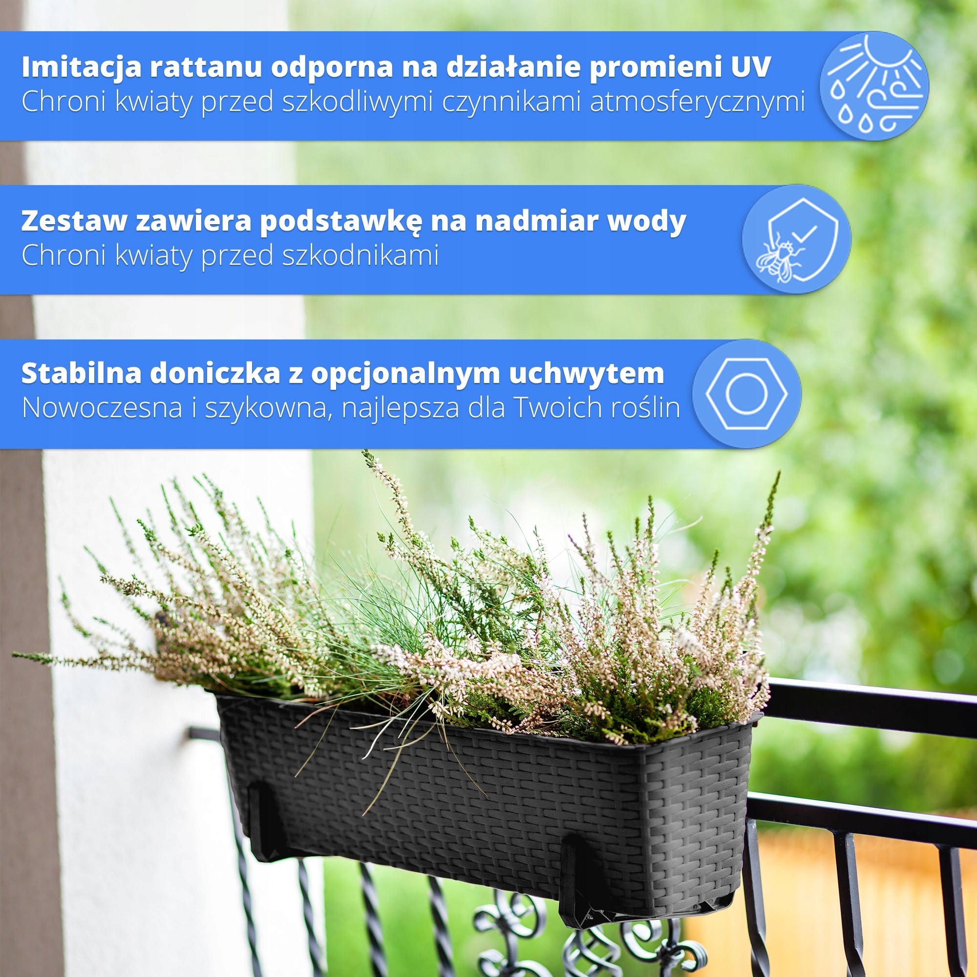 BALCONY BOX 40 cm FLOWER POT STAND HANDLES BALCONY Material synthetic material