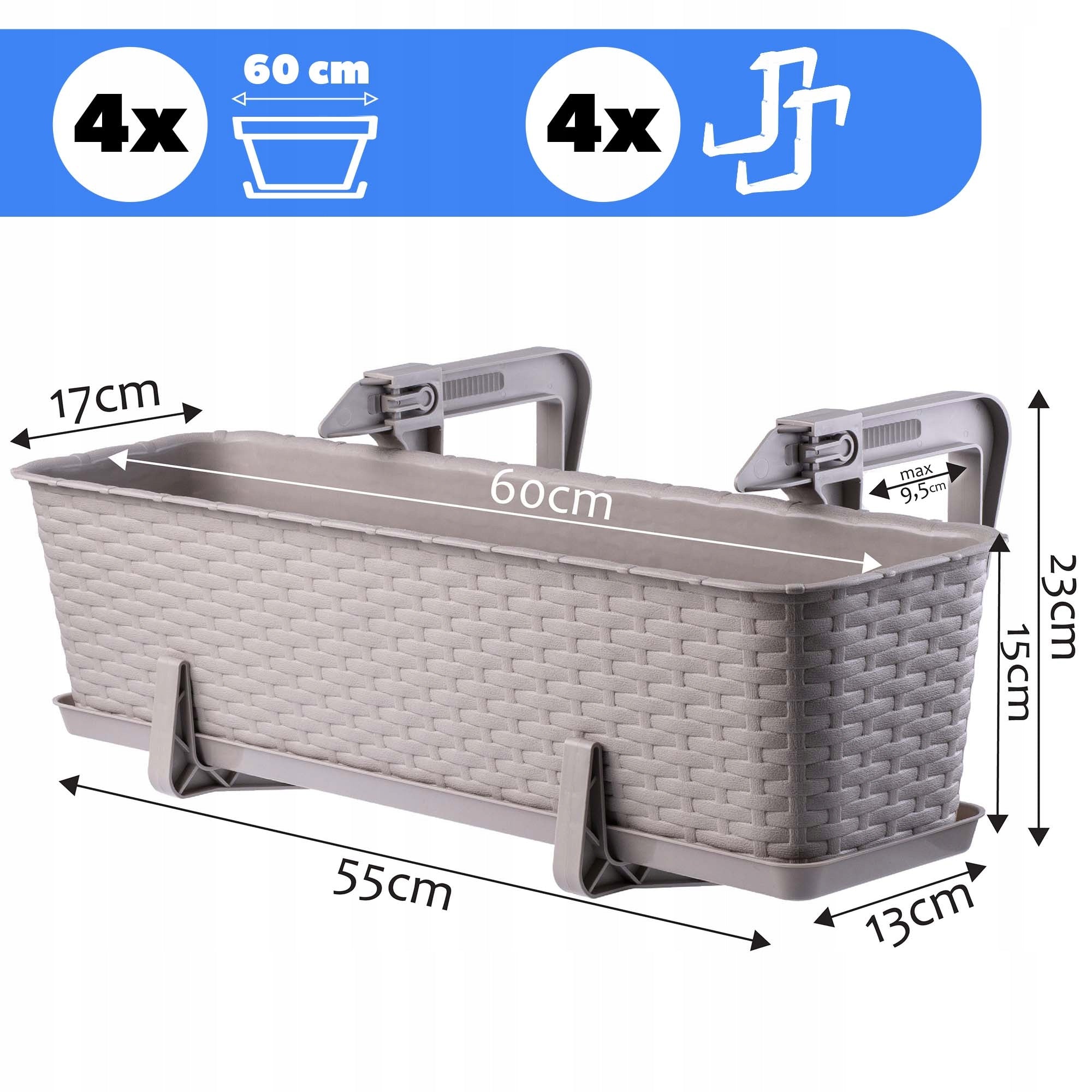 BALCONY BOX FLOWER POT 60cm HANDLES CARAMEL STAND 4 pcs Manufacturer code K8216
